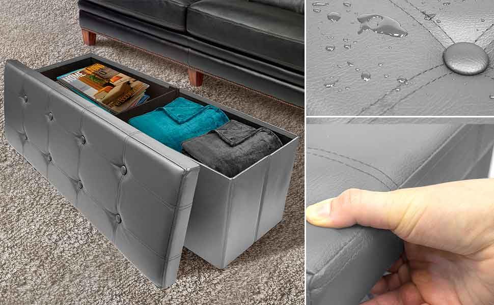 Sorbus Ottoman Storage Bench – Foldable Leather End of Bed Ottoman with Storage Bench Pouf Ottoman Chest, Toy Box, Coffee Table, Bedroom, Entryway Seat, Foot Rest Footstool - Large 43" Long - Gray - Image 4