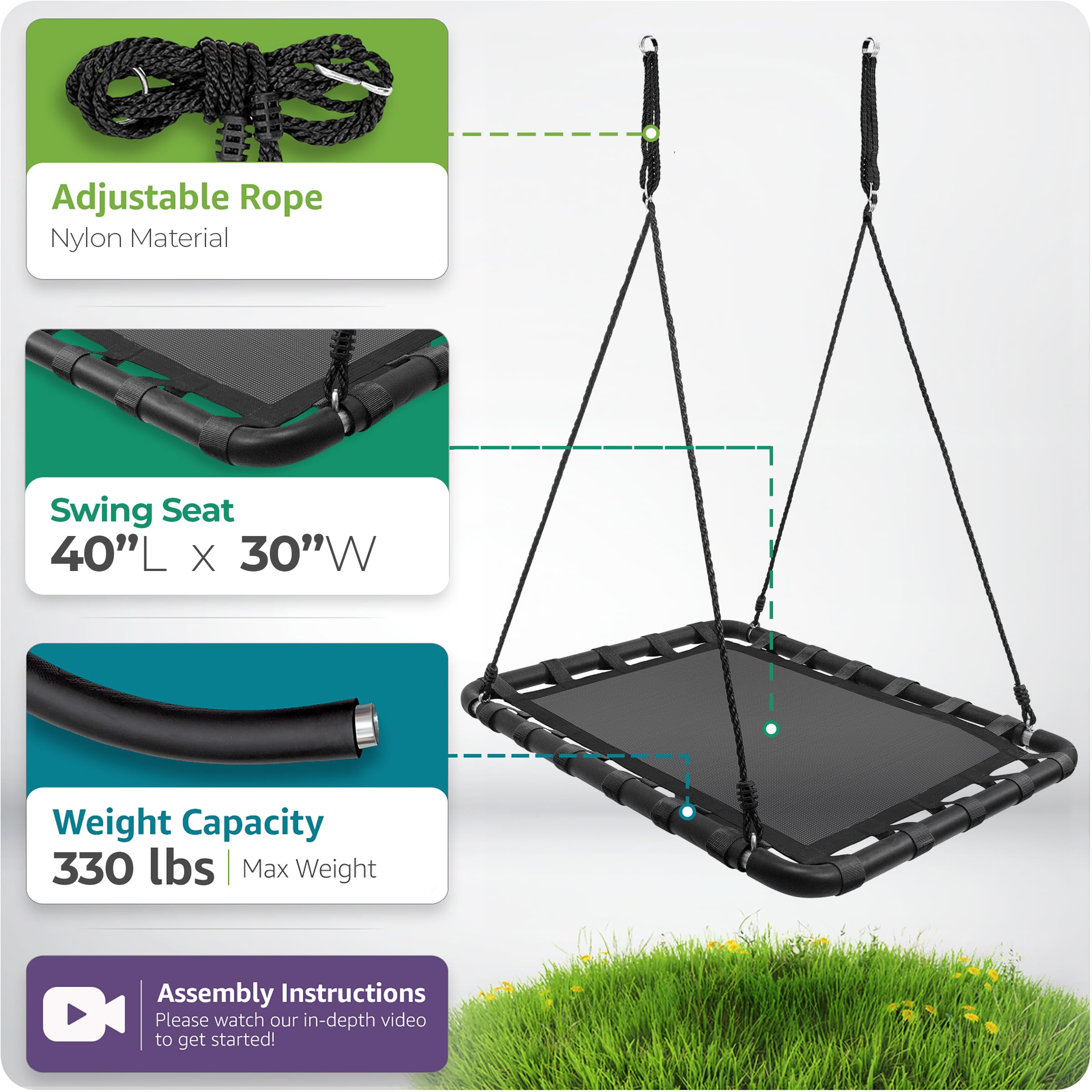 Sorbus Outdoor Platform Swing for Kids - Rectangular Mat Chair for Tree, Swing Set, Playground - Accessories Included (40 x 30, Rectangle Black) - Image 3