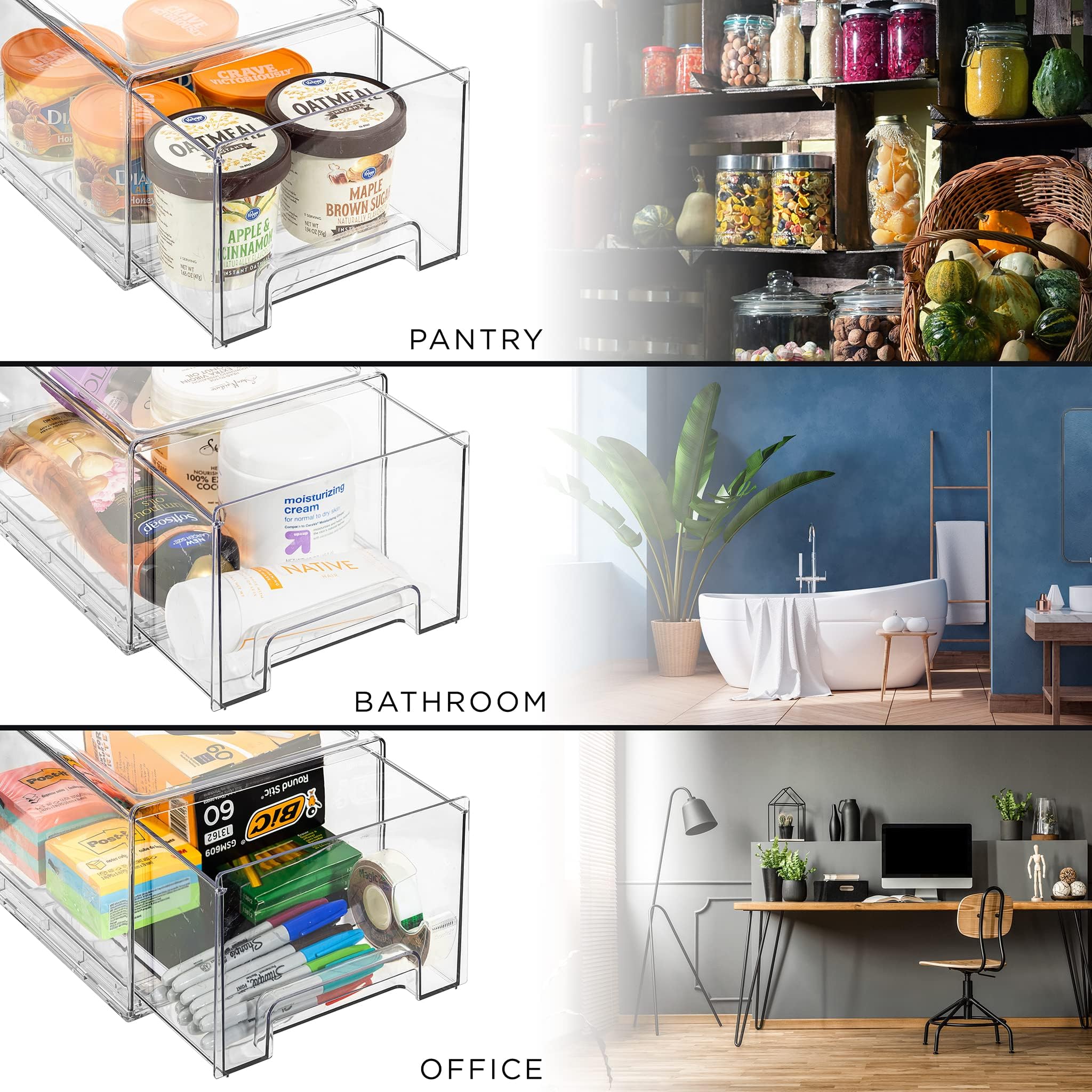 Sorbus Plastic Storage Bins Stackable Clear Pantry Organizer Box Bin for Organizing Kitchen Fridge, Food, Snack Pantry, Fruit, Vegetables, Bathroom, Wide & Narrow Deep (4 Pack) - Image 6