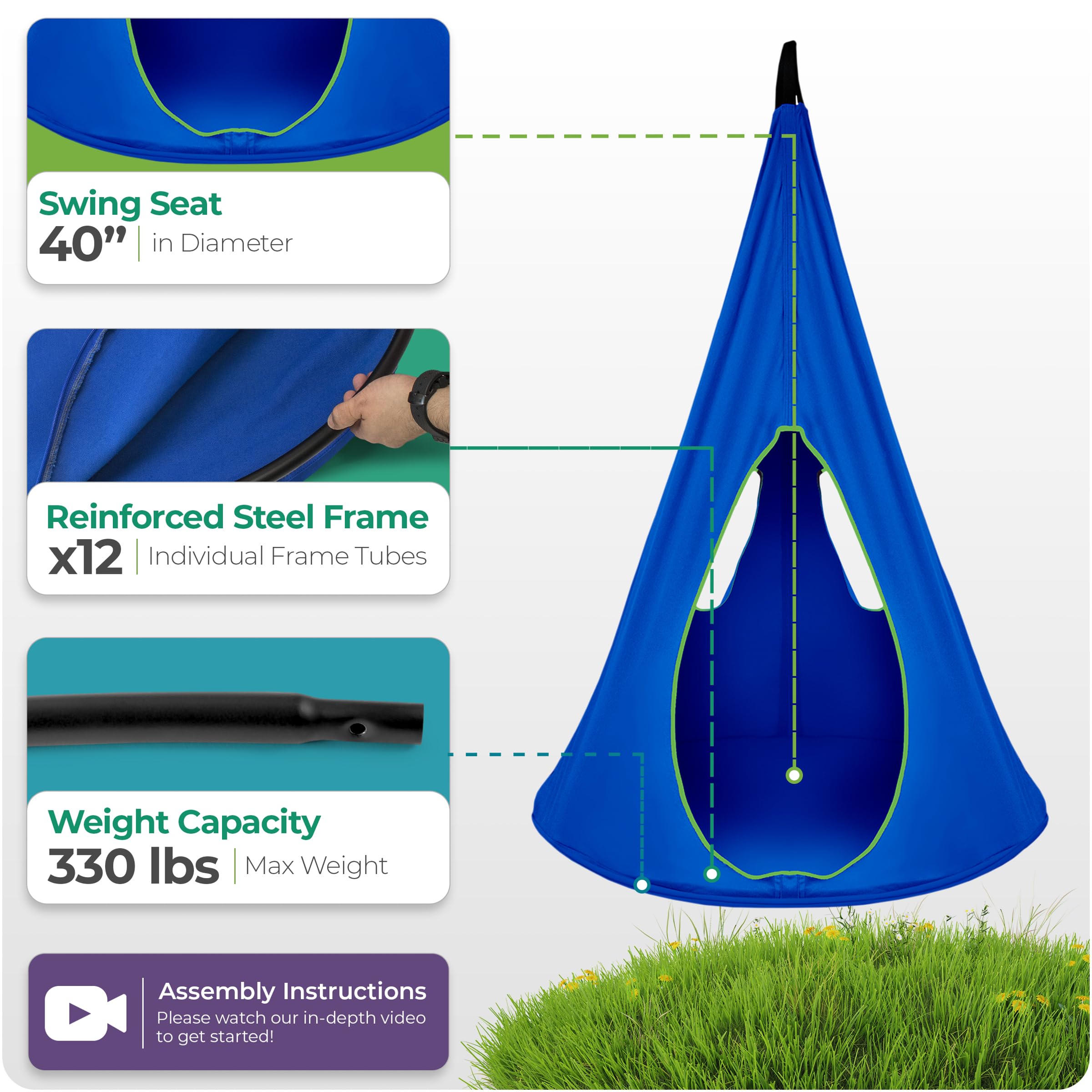 Sorbus Pod Swing for Kids - Durable Hanging Hammock Chair w/Adjustable Rope - 2 Windows & 1 Entrance - Tree Tent Sensory Swing for Kids Indoor Outdoor Use - 250lbs Sturdy Nest Swing - (40", Blue) - Image 5