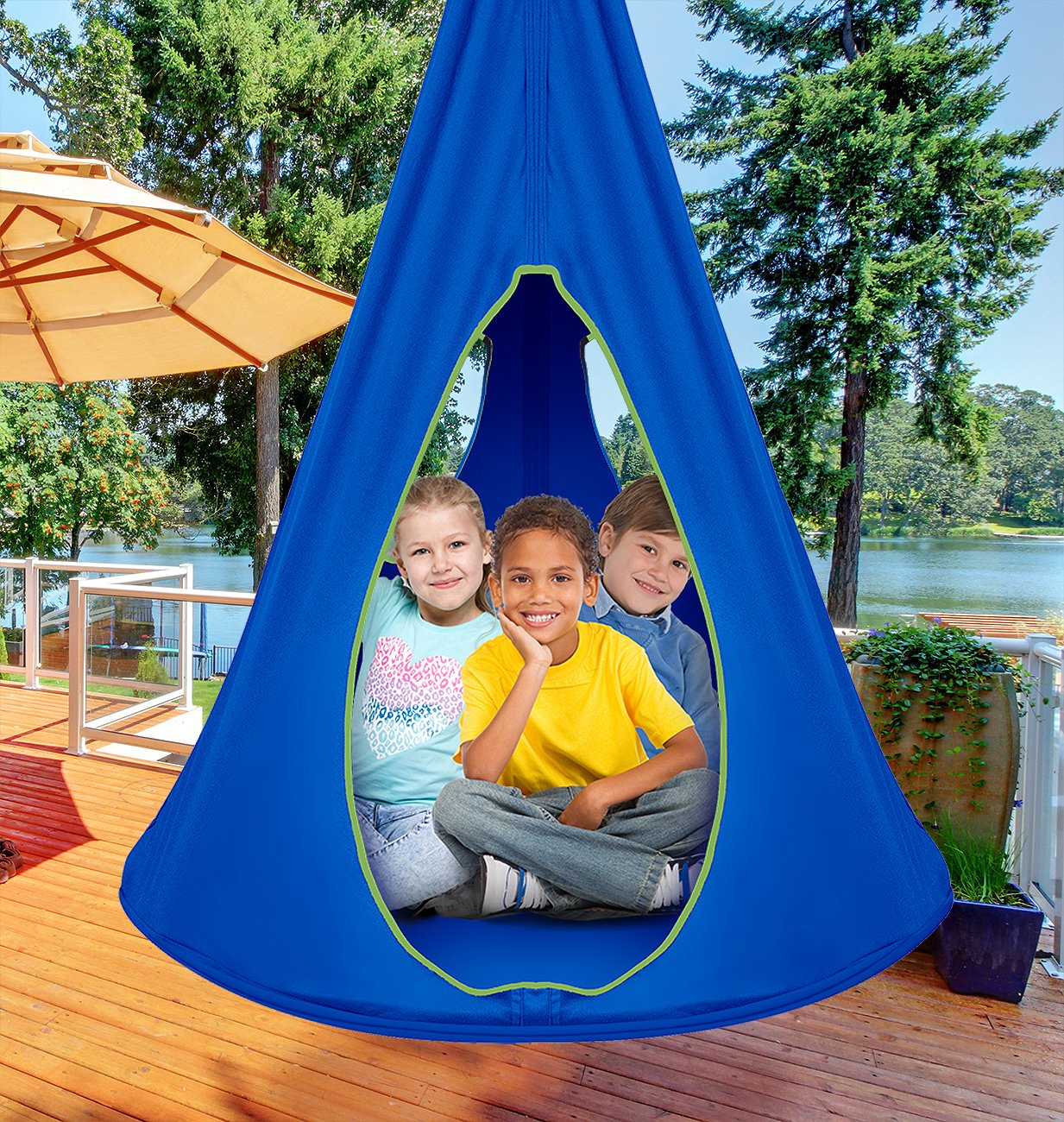 Sorbus Pod Swing for Kids - Durable Hanging Hammock Chair w/Adjustable Rope - 2 Windows & 1 Entrance - Tree Tent Sensory Swing for Kids Indoor Outdoor Use - 250lbs Sturdy Nest Swing - (40", Blue) - Image 7