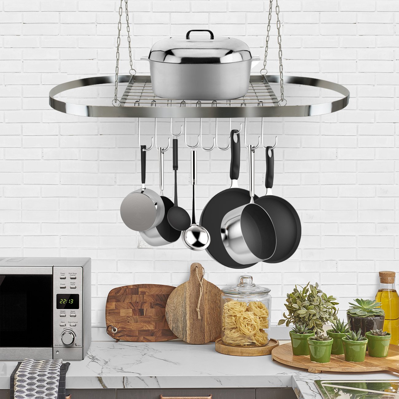 Sorbus® Pot and Pan Rack for Ceiling with Hooks — Decorative Oval Mounted Storage Rack — Multi-Purpose Organizer for Home, Restaurant, Kitchen Cookware, Utensils, Books, Household (Hanging Chrome) - Image 5