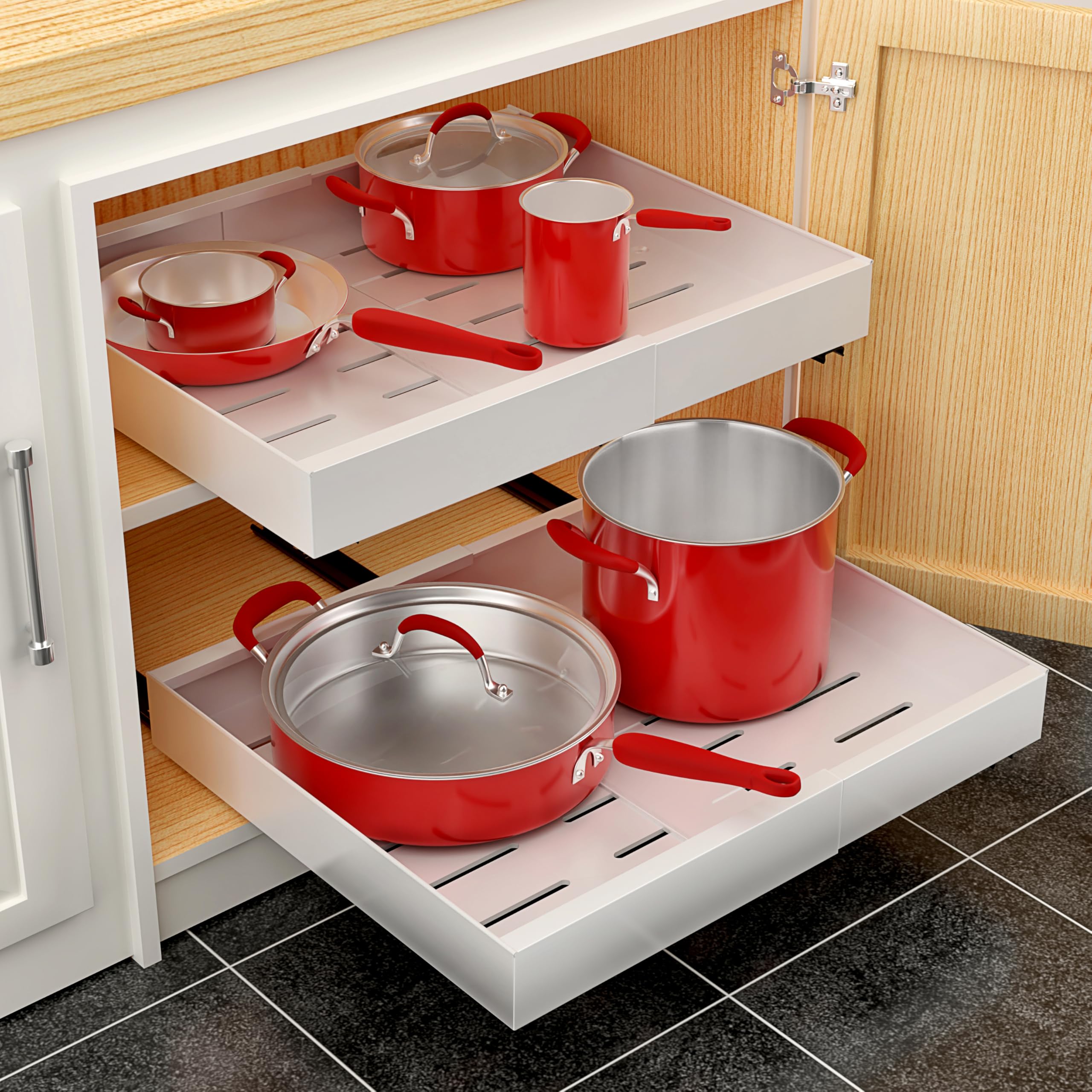Sorbus Pull-Out Sliding Storage Rack for Kitchen & Bathroom, No-Drill Adjustable Shelf with Durable Metal, Non-Slip Grid Drawers, Waterproof Space Saver (White 2 Pack)