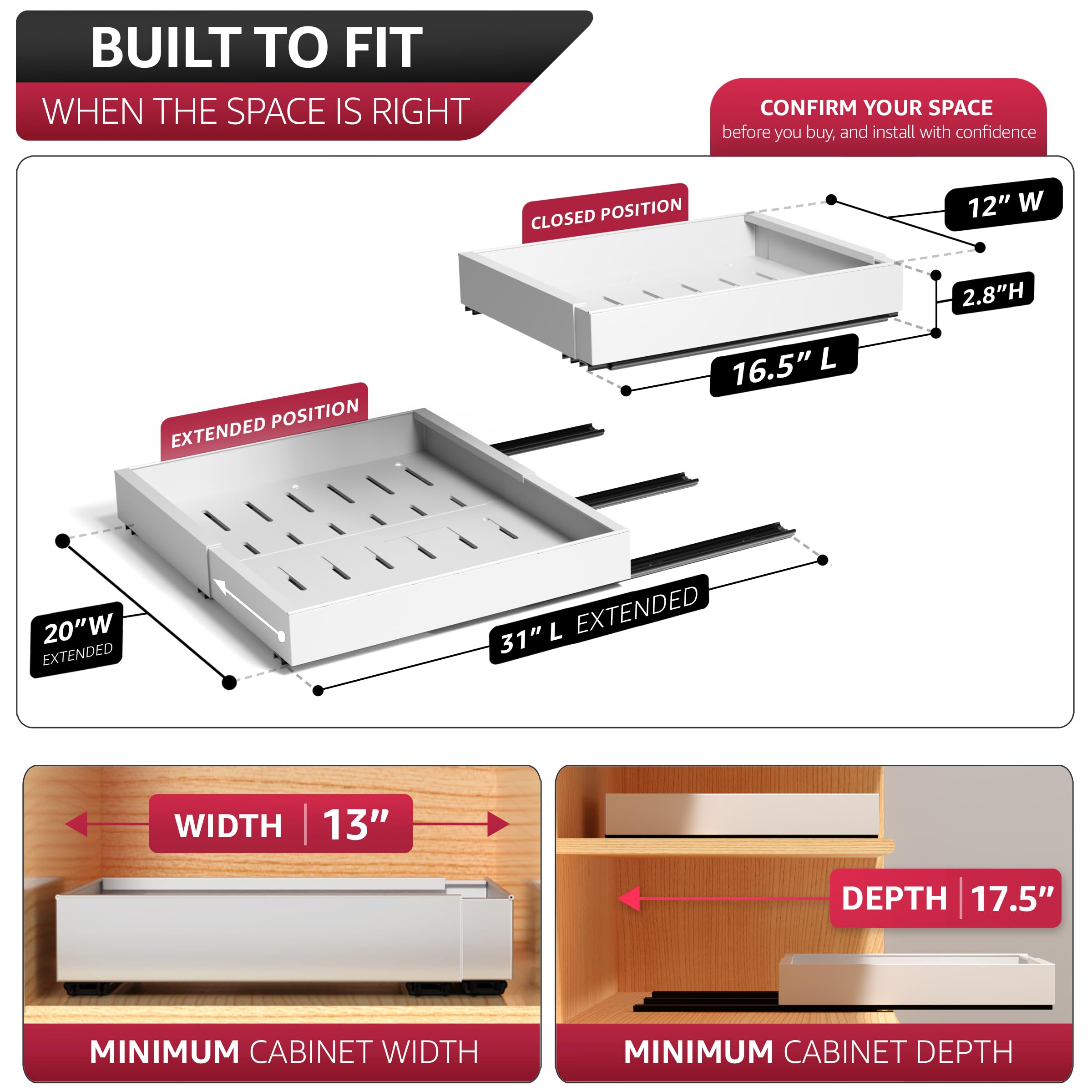 Sorbus Pull-Out Sliding Storage Rack for Kitchen & Bathroom, No-Drill Adjustable Shelf with Durable Metal, Non-Slip Grid Drawers, Waterproof Space Saver (White 2 Pack) - Image 2