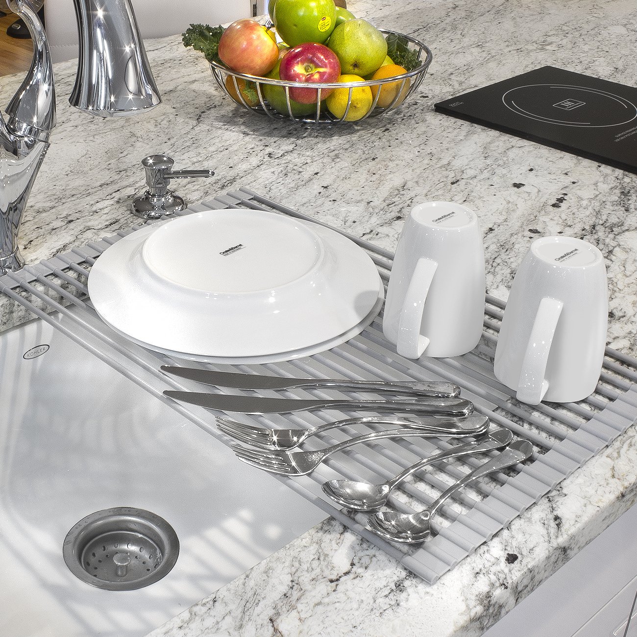 Sorbus Roll-Up Dish Drying Rack [Large 20.5'' X 13"] Over The Sink Drying Mat,- Multipurpose Dish Drainer - Fruits and Vegetable Rinser - Durable Silicone Covered Stainless Steel (Warm Gray) - Image 3