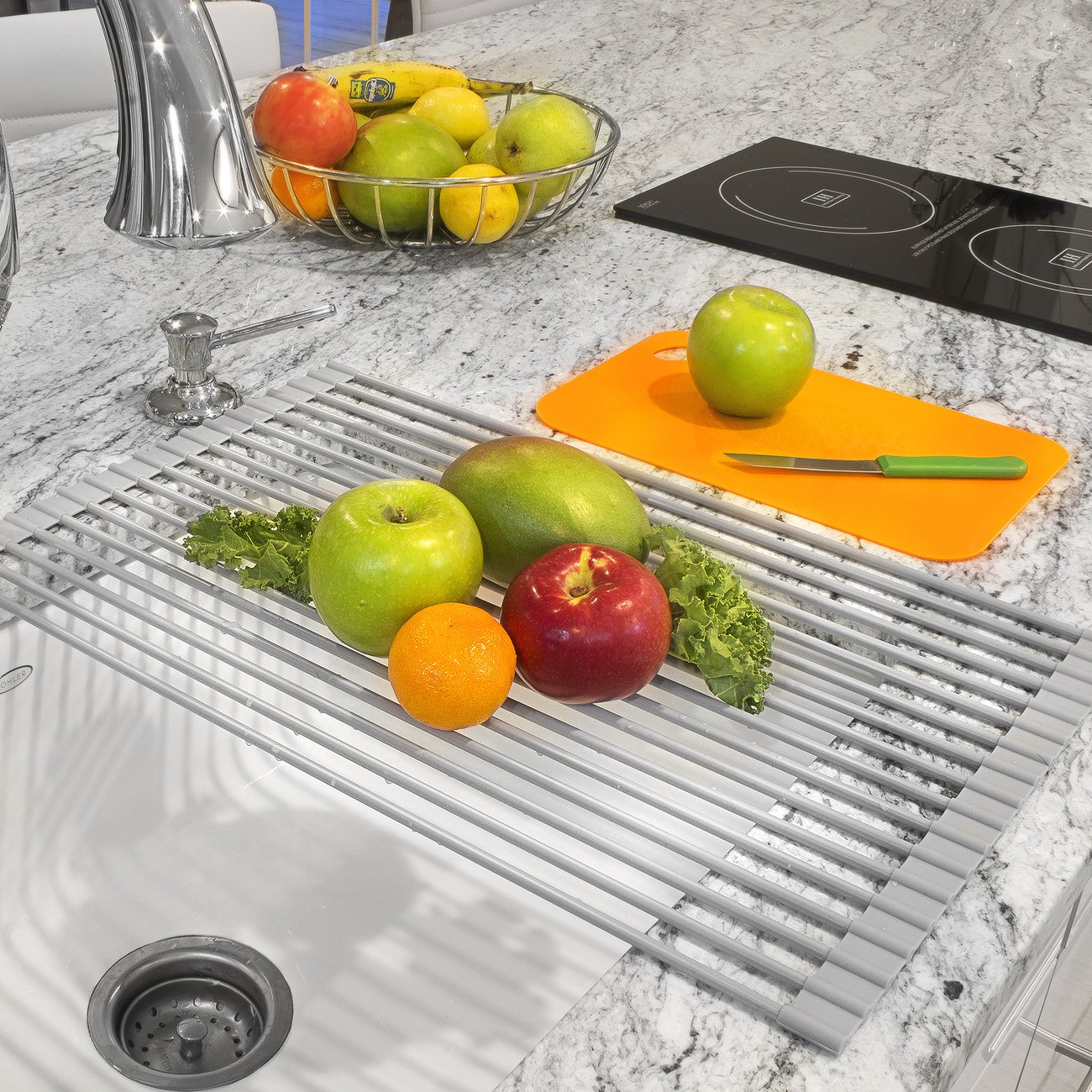 Sorbus Roll-Up Dish Drying Rack [Large 20.5'' X 13"] Over The Sink Drying Mat,- Multipurpose Dish Drainer - Fruits and Vegetable Rinser - Durable Silicone Covered Stainless Steel (Warm Gray) - Image 4