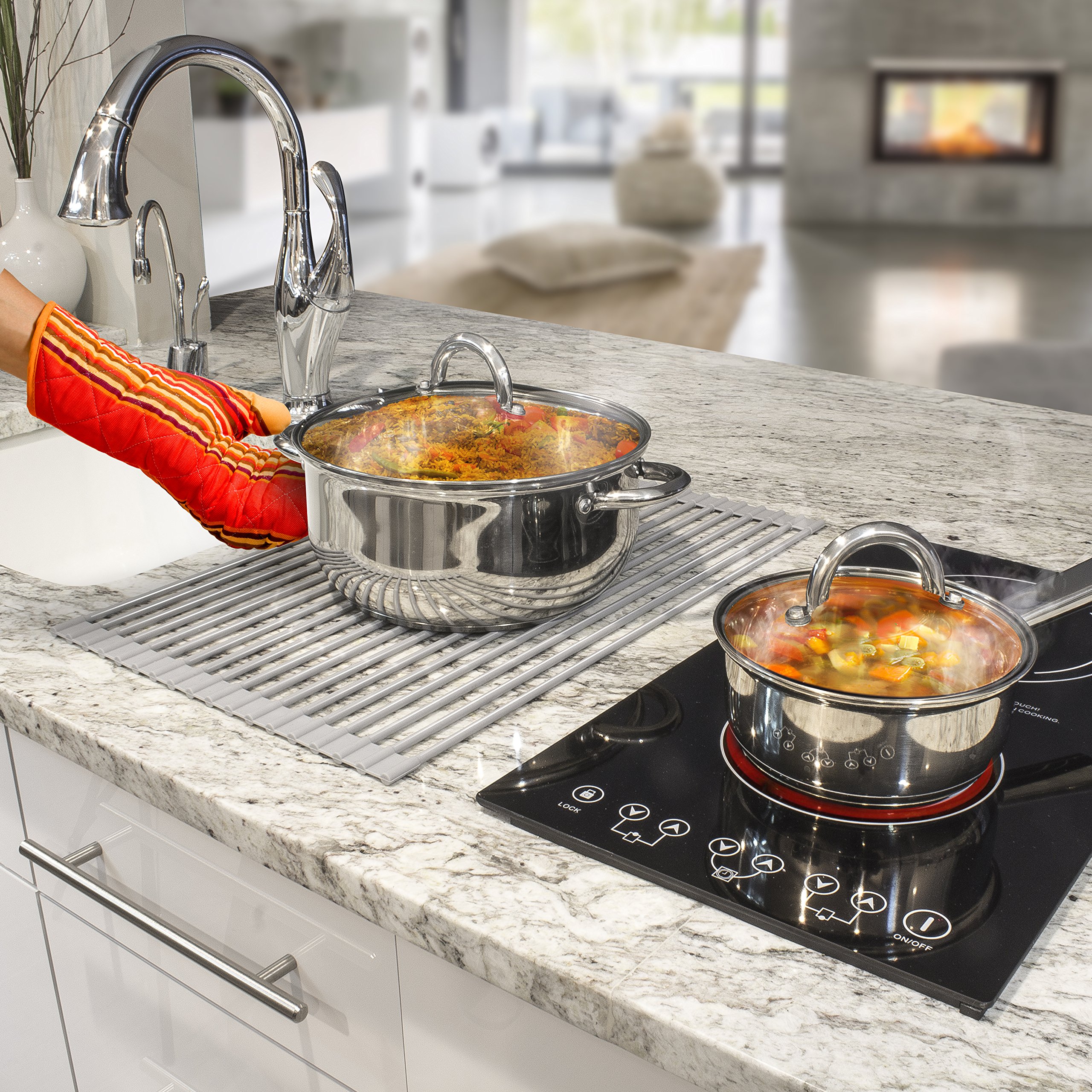 Sorbus Roll-Up Dish Drying Rack [Large 20.5'' X 13"] Over The Sink Drying Mat,- Multipurpose Dish Drainer - Fruits and Vegetable Rinser - Durable Silicone Covered Stainless Steel (Warm Gray) - Image 5