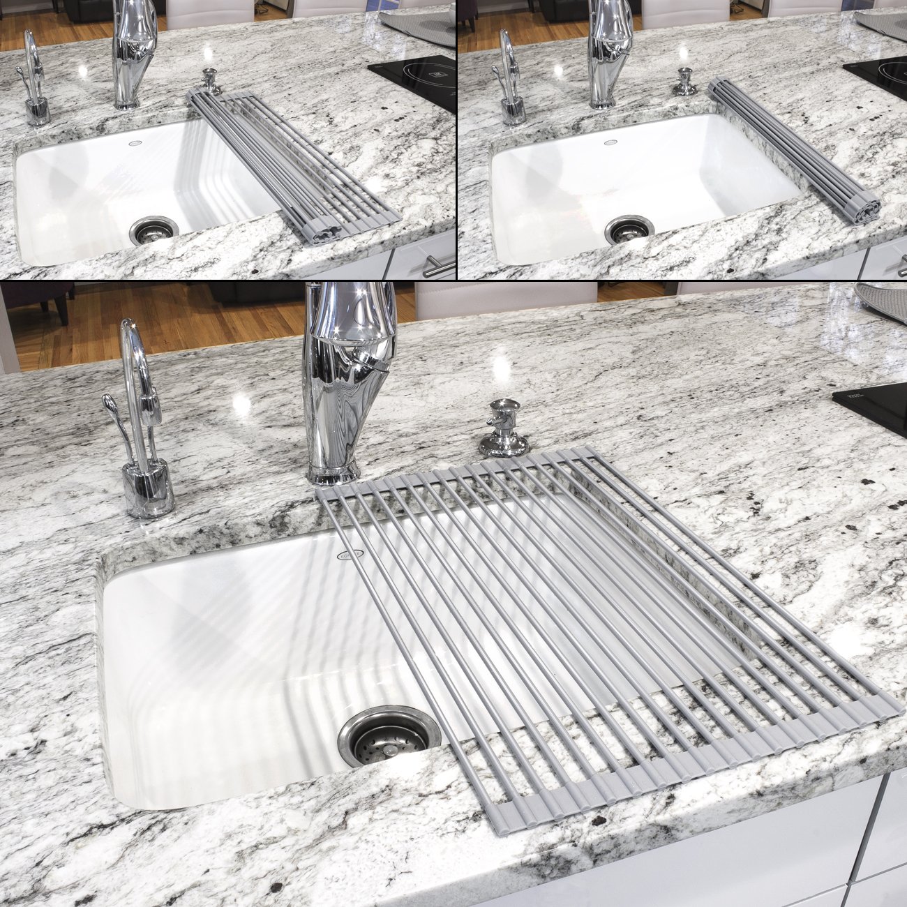 Sorbus Roll-Up Dish Drying Rack [Large 20.5'' X 13"] Over The Sink Drying Mat,- Multipurpose Dish Drainer - Fruits and Vegetable Rinser - Durable Silicone Covered Stainless Steel (Warm Gray) - Image 7