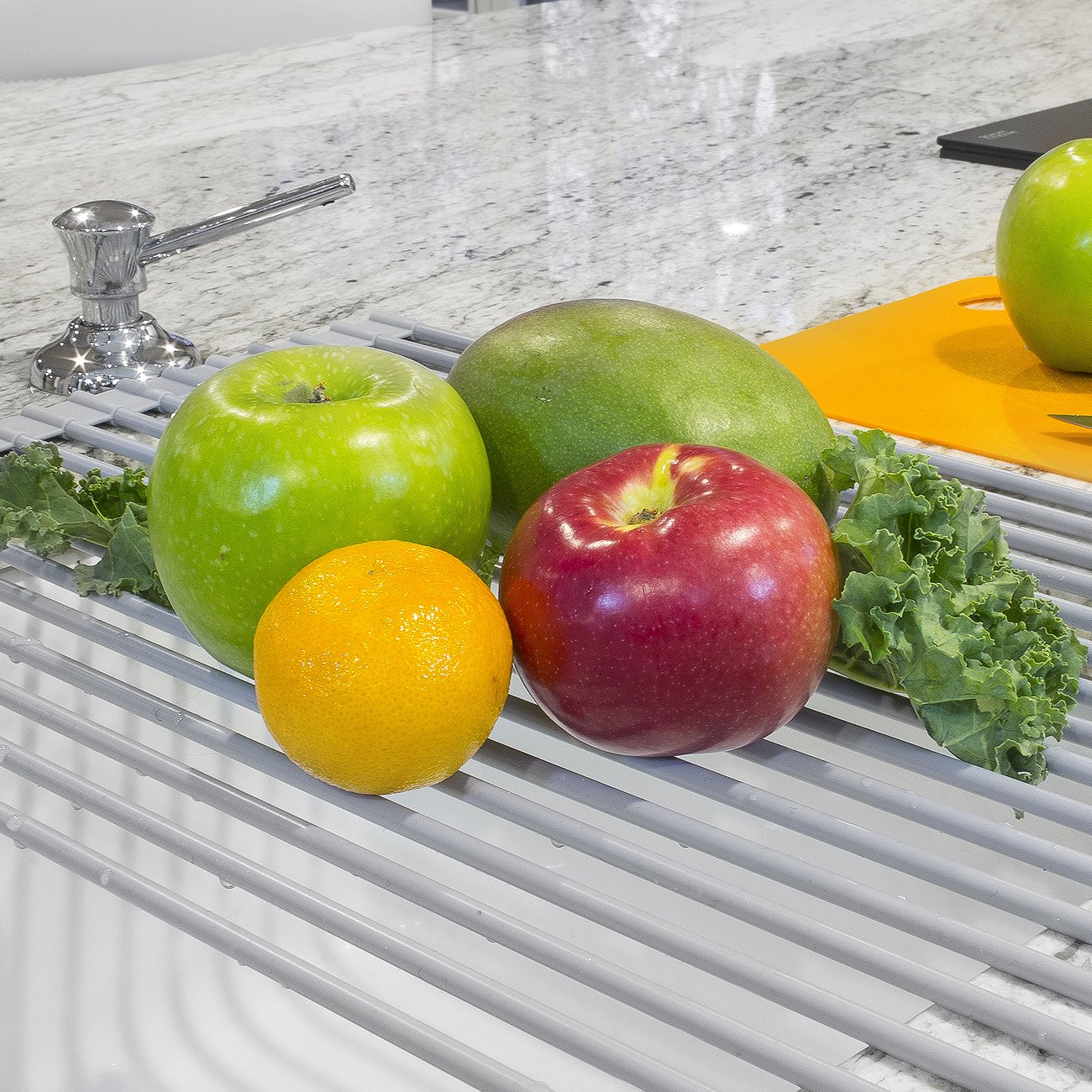 Sorbus Roll-Up Dish Drying Rack [Large 20.5'' X 13"] Over The Sink Drying Mat,- Multipurpose Dish Drainer - Fruits and Vegetable Rinser - Durable Silicone Covered Stainless Steel (Warm Gray) - Image 9
