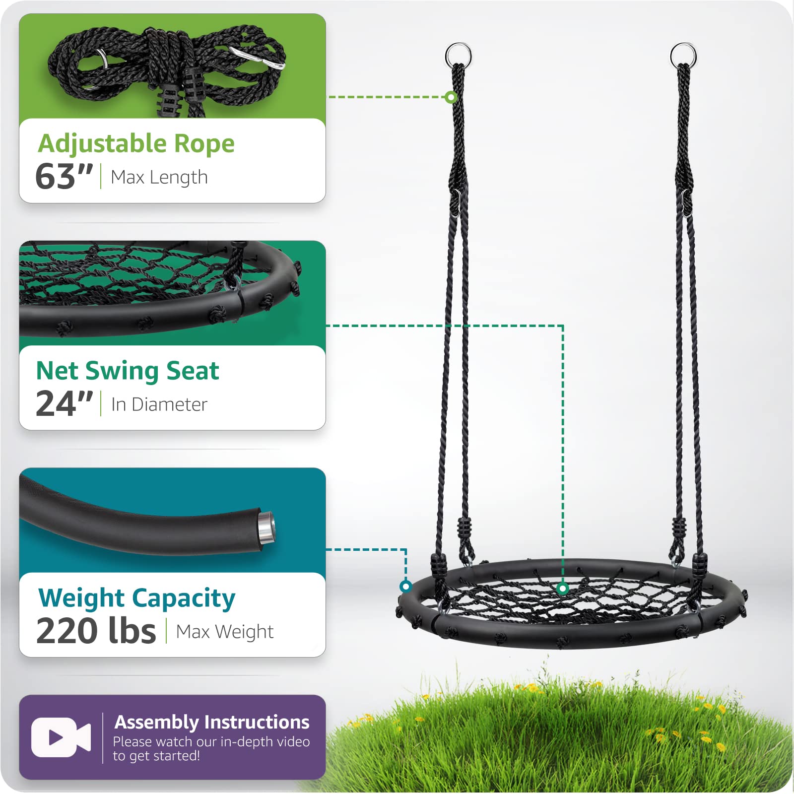 Sorbus Saucer Tree Swing- Kids Outdoor Disc Round Swing - 24" Heavy Duty 220lbs Seat- Easy Install Flying Saucer Web Circle - Perfect for Gift,Playground, Birthday, Xmas, IndoorOutdoor - Image 3