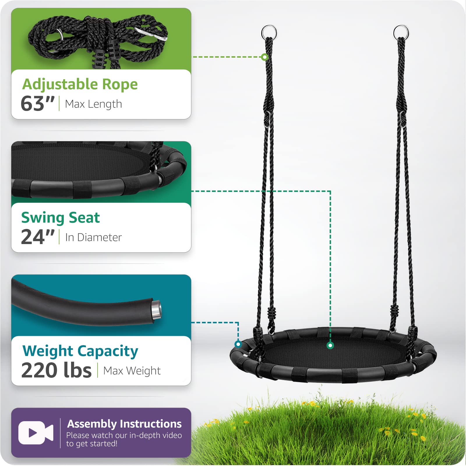 Sorbus Saucer Tree Swing - Kids Outdoor Disc Round Swing - 24" Heavy Duty 220lbs Seat - Easy Install Flying Saucer Web Circle - Perfect for Gift, Playground, Backyard, Indoor/Outdoor - Image 3