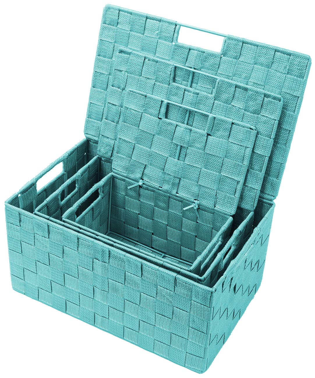 Sorbus Set of 3 Hand-Woven Storage Baskets with Lids – Decorative Wicker Organizers for Home, Closet, or Shelves (Aqua) - Image 3