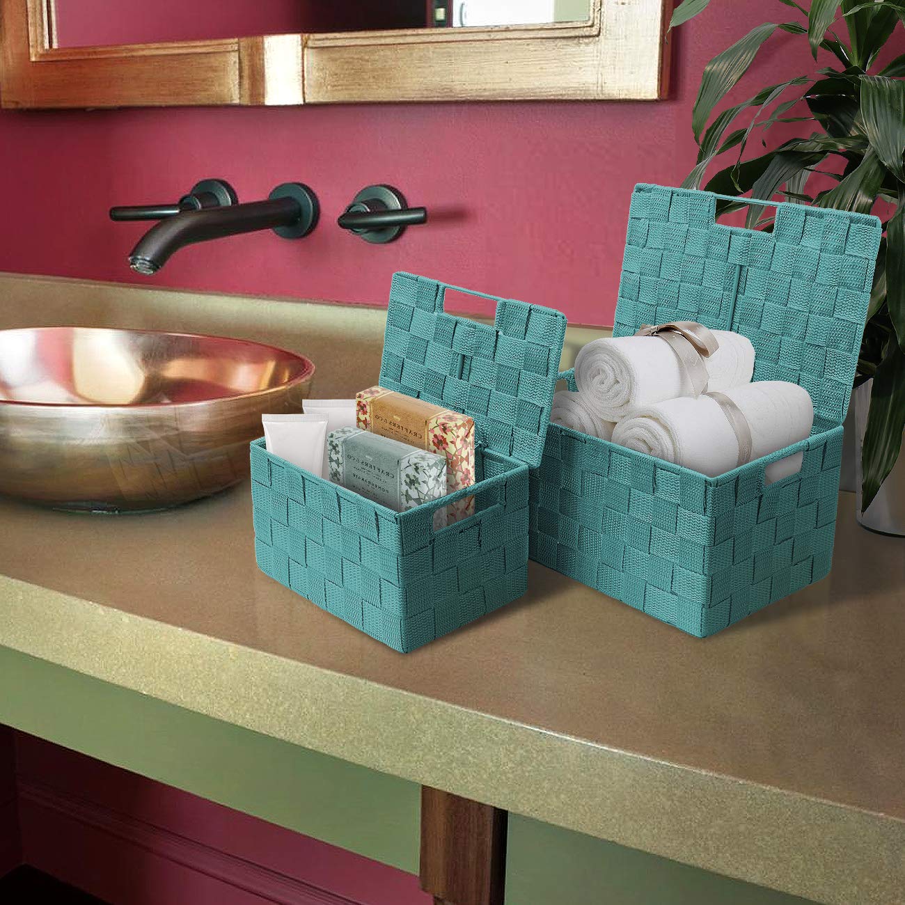 Sorbus Set of 3 Hand-Woven Storage Baskets with Lids – Decorative Wicker Organizers for Home, Closet, or Shelves (Aqua) - Image 4