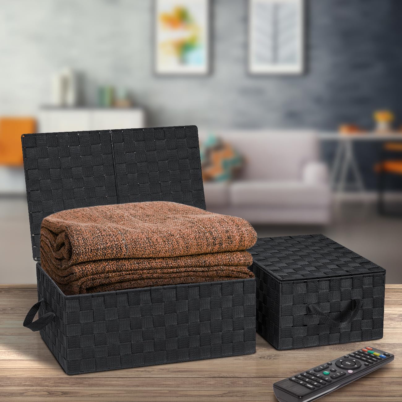 Sorbus Set of 3 Hand-Woven Storage Baskets with Lids – Mesh Design Organizers for Closet, Shelves, and Home Storage (Black) - Image 3