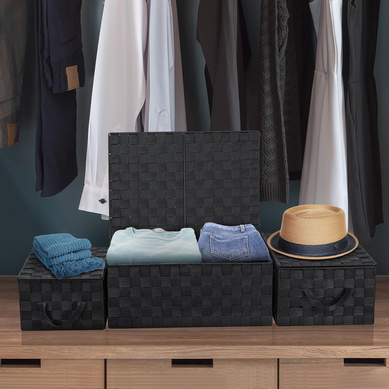 Sorbus Set of 3 Hand-Woven Storage Baskets with Lids – Mesh Design Organizers for Closet, Shelves, and Home Storage (Black) - Image 4