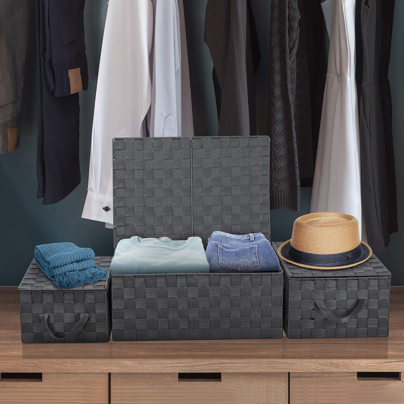 Sorbus Set of 3 Storage Baskets for Organizing with Lid, Mesh Hand-Woven Design, Linen Closet Organizers and Storage, Organizer Storage Baskets for Shelves, Variety Pack Organizers and Storage (Gray) - Image 4