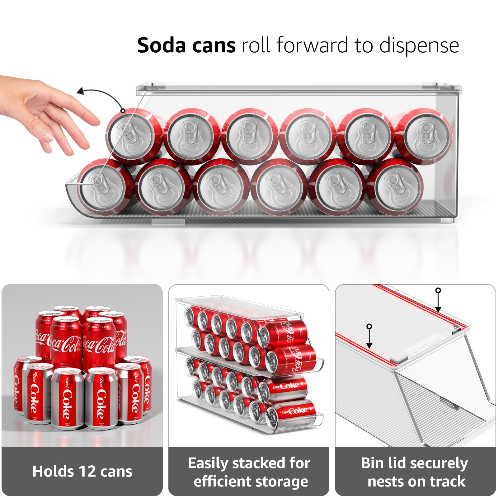 Sorbus Soda Can Organizer for Refrigerator & Egg Holder for Fridge Set, 1 Stackable Can Holder Dispenser Holds 12 Cans Each & 1 Egg Holders with Lid holds 14 eggs for Fridge, Pantry, Freezer, BPA-Free - Image 6