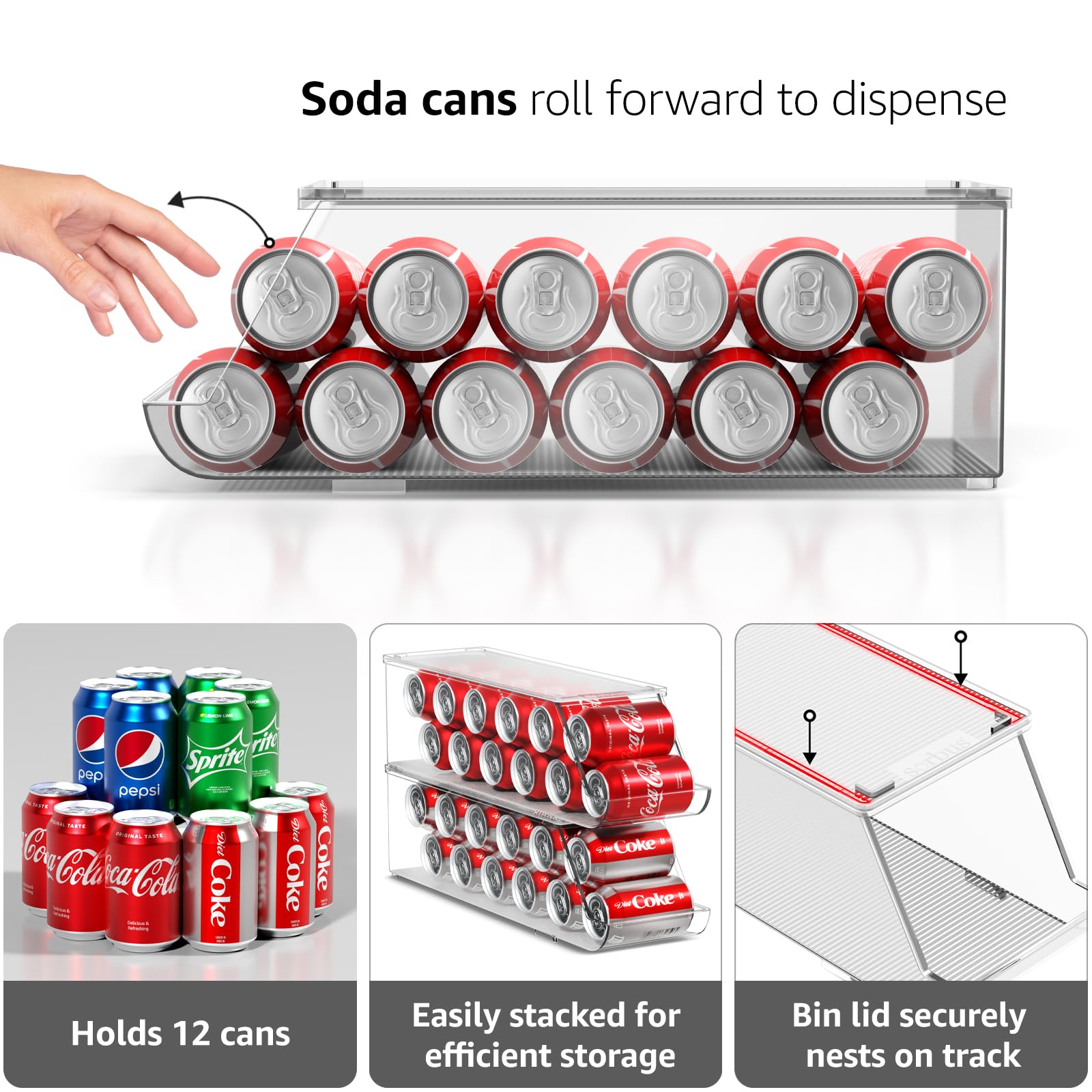 Sorbus Soda Can Organizer for Refrigerator Stackable Can Holder Dispenser with Lid for Fridge, Pantry, Freezer – Holds 12 Cans Each, BPA-Free, Clear Design, (2-Pack) - Image 6