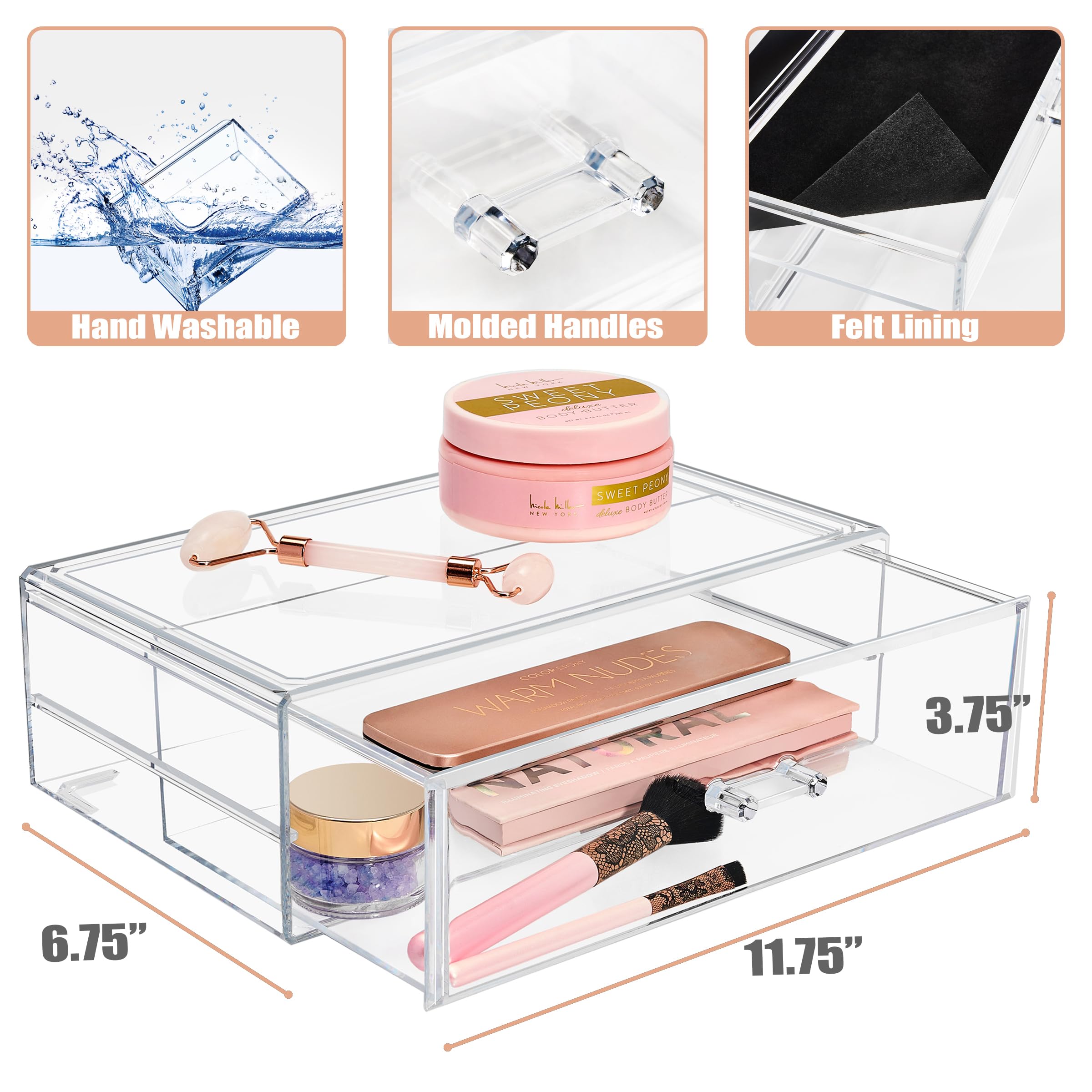 Sorbus Stackable Acrylic Drawers - 1 Clear Storage Drawers for Organizing Make up Palettes, Nail Hair Accessories, Cosmetics & Beauty Supplies - 11.75"W Makeup Organizer for Vanity, Bathroom Organizer - Image 3