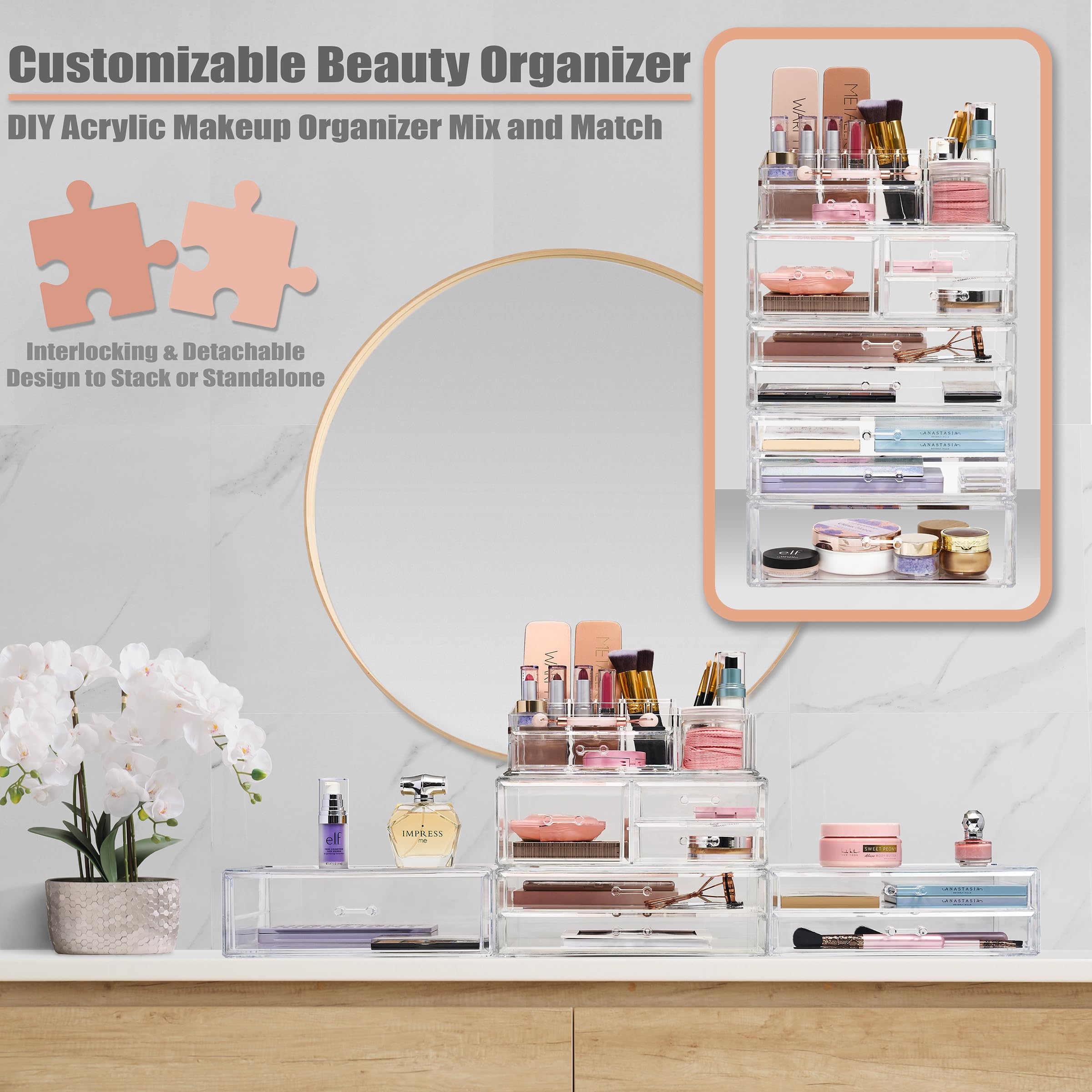 Sorbus Stackable Acrylic Drawers - 1 Clear Storage Drawers for Organizing Make up Palettes, Nail Hair Accessories, Cosmetics & Beauty Supplies - 11.75"W Makeup Organizer for Vanity, Bathroom Organizer - Image 5