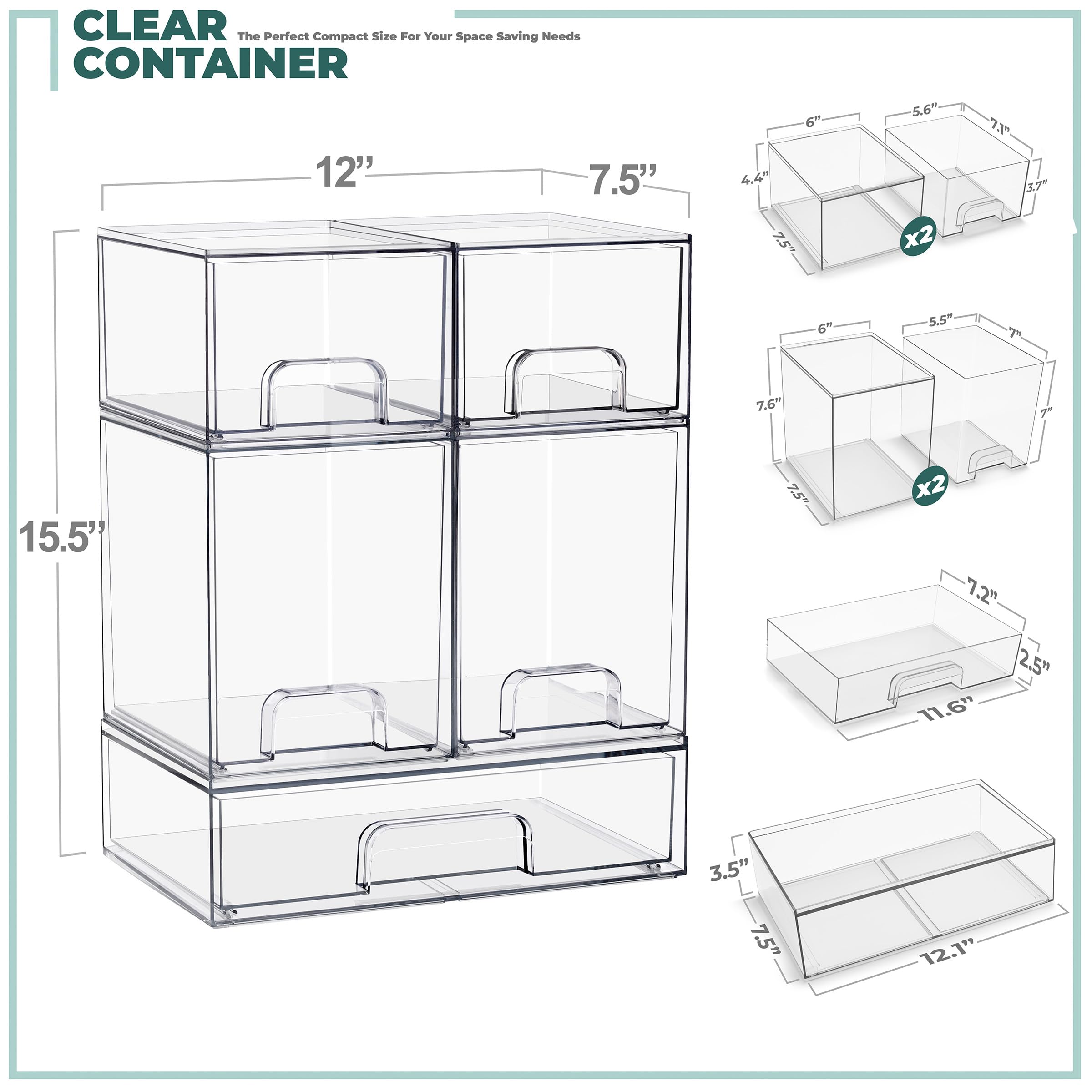 Sorbus Stackable Acrylic Storage Drawers – 2 Small + 2 Tall + 1 Wide – 5 Pack Clear Plastic Organizer Bins for Baby Bottles, Makeup, Bathroom & Vanity, Pull-Out Drawer Design for Kitchen Cabinets - Image 3