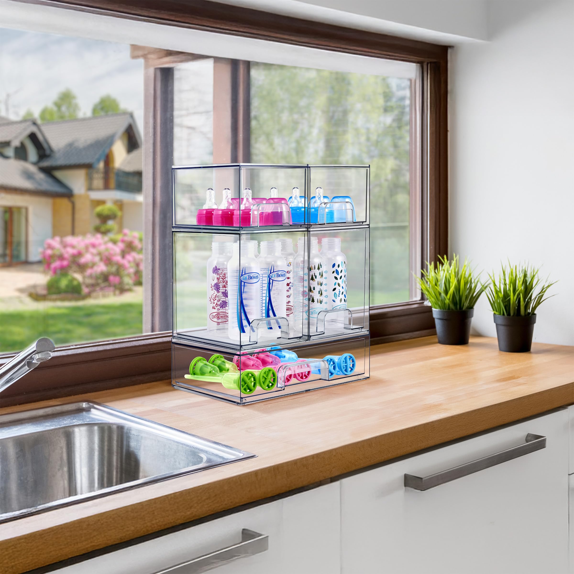 Sorbus Stackable Acrylic Storage Drawers – 2 Small + 2 Tall + 1 Wide – 5 Pack Clear Plastic Organizer Bins for Baby Bottles, Makeup, Bathroom & Vanity, Pull-Out Drawer Design for Kitchen Cabinets - Image 4