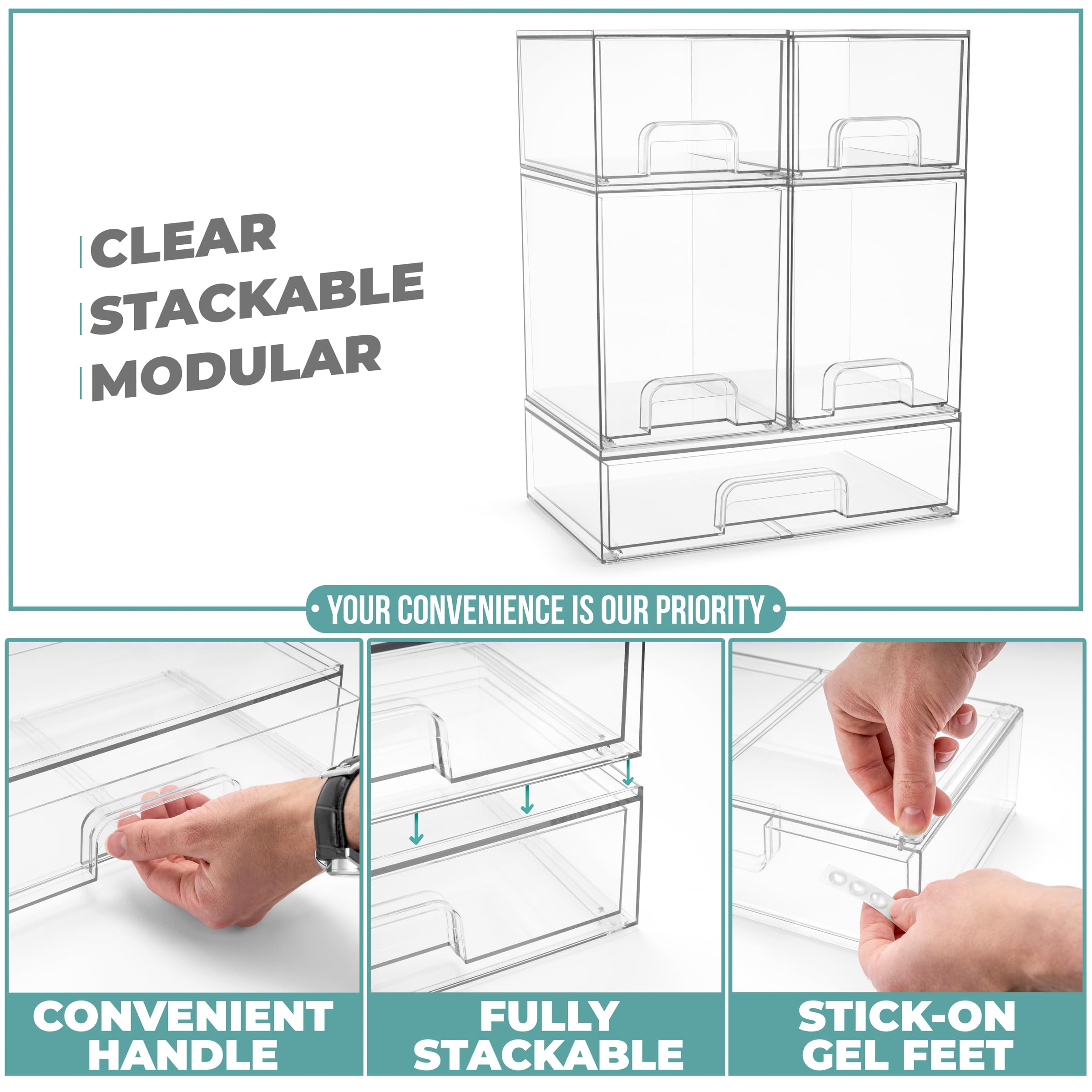 Sorbus Stackable Acrylic Storage Drawers – 2 Small + 2 Tall + 1 Wide – 5 Pack Clear Plastic Organizer Bins for Baby Bottles, Makeup, Bathroom & Vanity, Pull-Out Drawer Design for Kitchen Cabinets - Image 5
