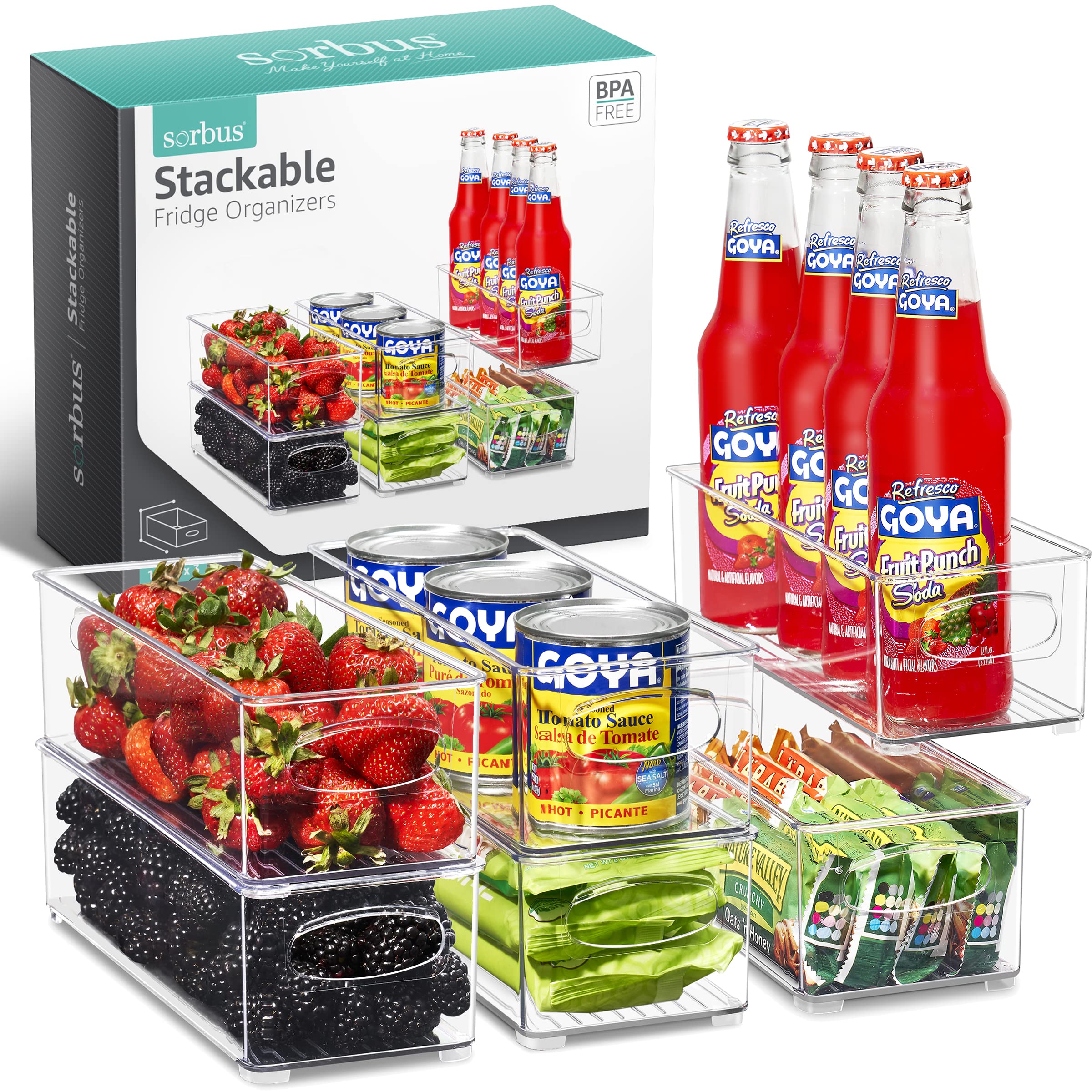 Sorbus Stackable Refrigerator Organizer Bins - Clear Storage Bins for Kitchen Pantry, Freezer & Fridge Organization - Food Organizing Plastic Containers with Handles for Countertops & Drawers (6 Pack)