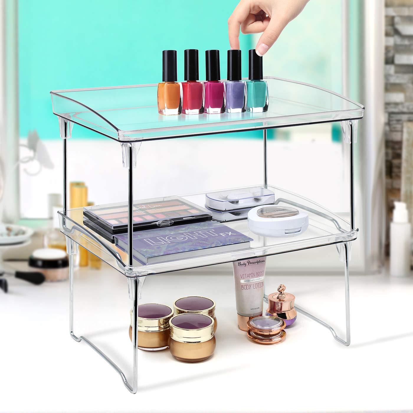 Sorbus Stackable Shelves for Cabinets & Countertop - Storage Shelf Organizer Stand Racks- Foldable Shelves for Undersink, Kitchen Cabinets, Pantry, Countertops, Clear Plastic/Metal - Image 3