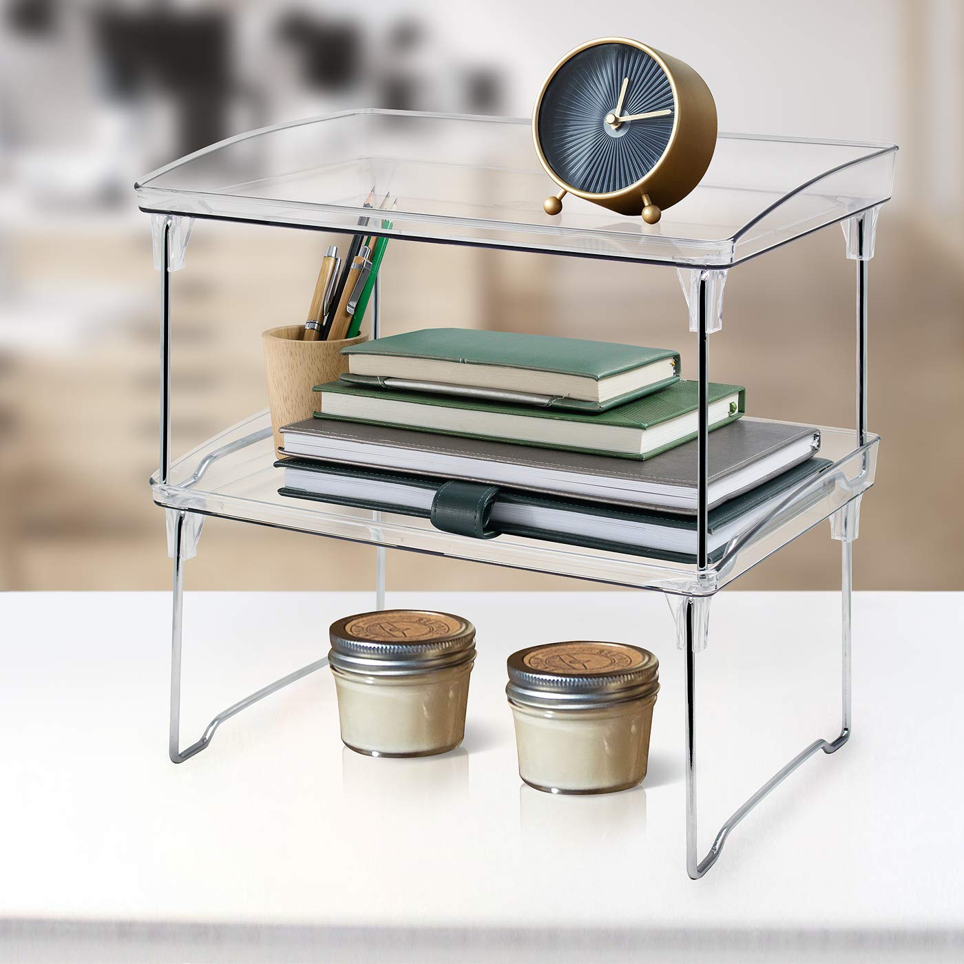Sorbus Stackable Shelves for Cabinets & Countertop - Storage Shelf Organizer Stand Racks- Foldable Shelves for Undersink, Kitchen Cabinets, Pantry, Countertops, Clear Plastic/Metal - Image 6