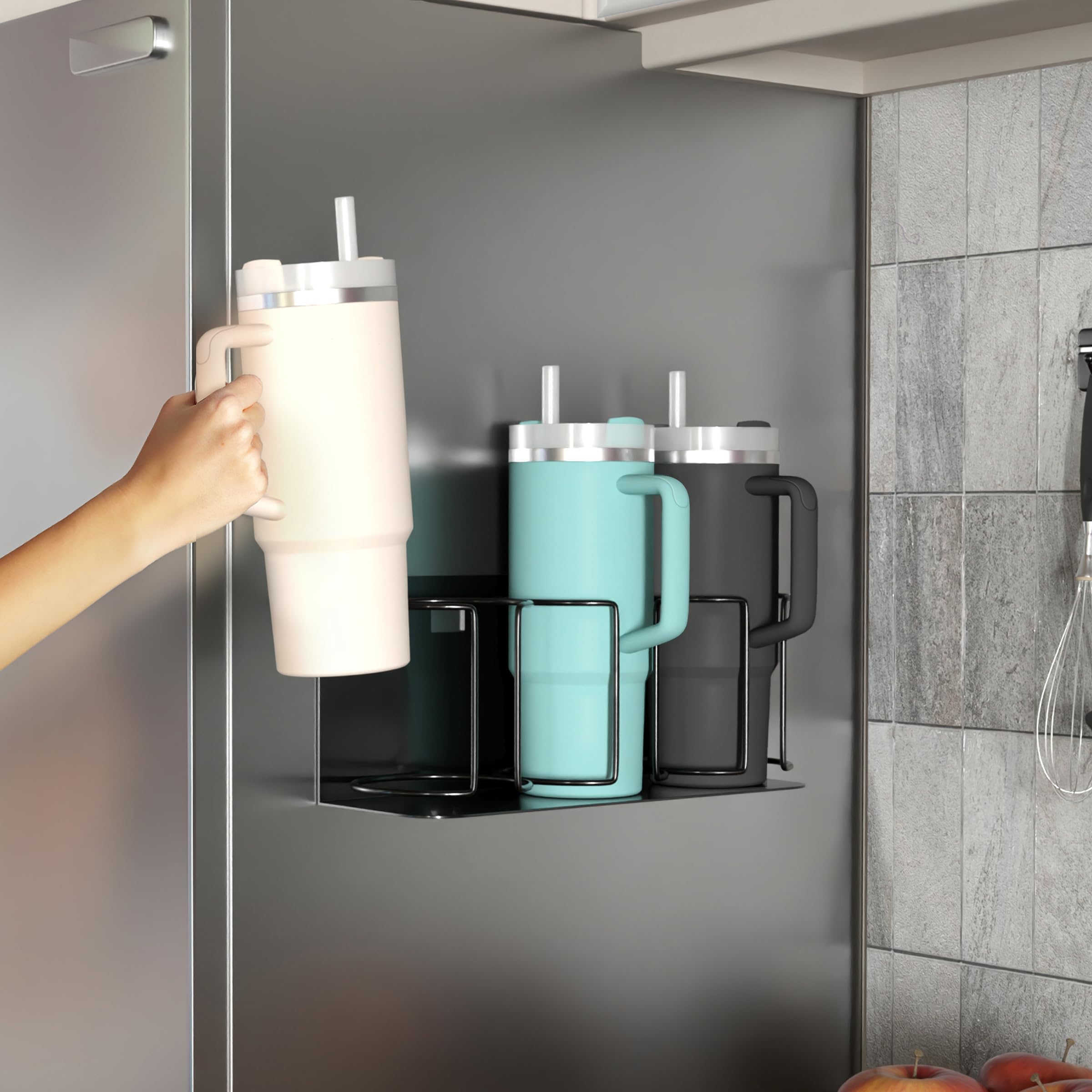 Sorbus Stanley Cup Organizer – 3-Cup Holder for Cabinet, Fridge, or Wall – Magnetic or Screw Mount – Stanley Storage Organizer for 20oz 30oz 40oz Cups, Tumblers, and Water Bottles (Black 1-Pack)