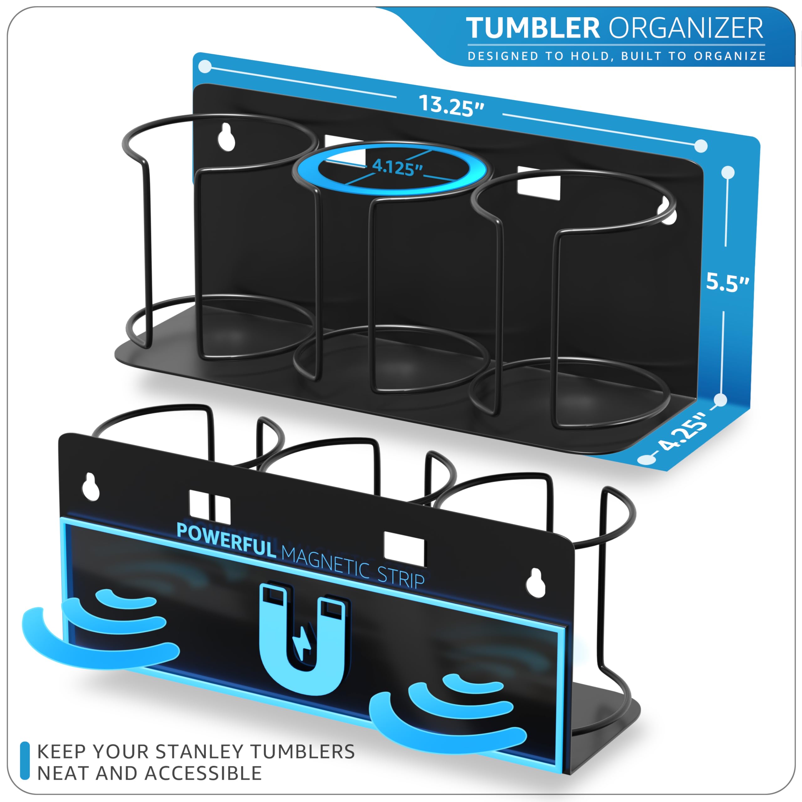 Sorbus Stanley Cup Organizer – 3-Cup Holder for Cabinet, Fridge, or Wall – Magnetic or Screw Mount – Stanley Storage Organizer for 20oz 30oz 40oz Cups, Tumblers, and Water Bottles (Black 1-Pack) - Image 2