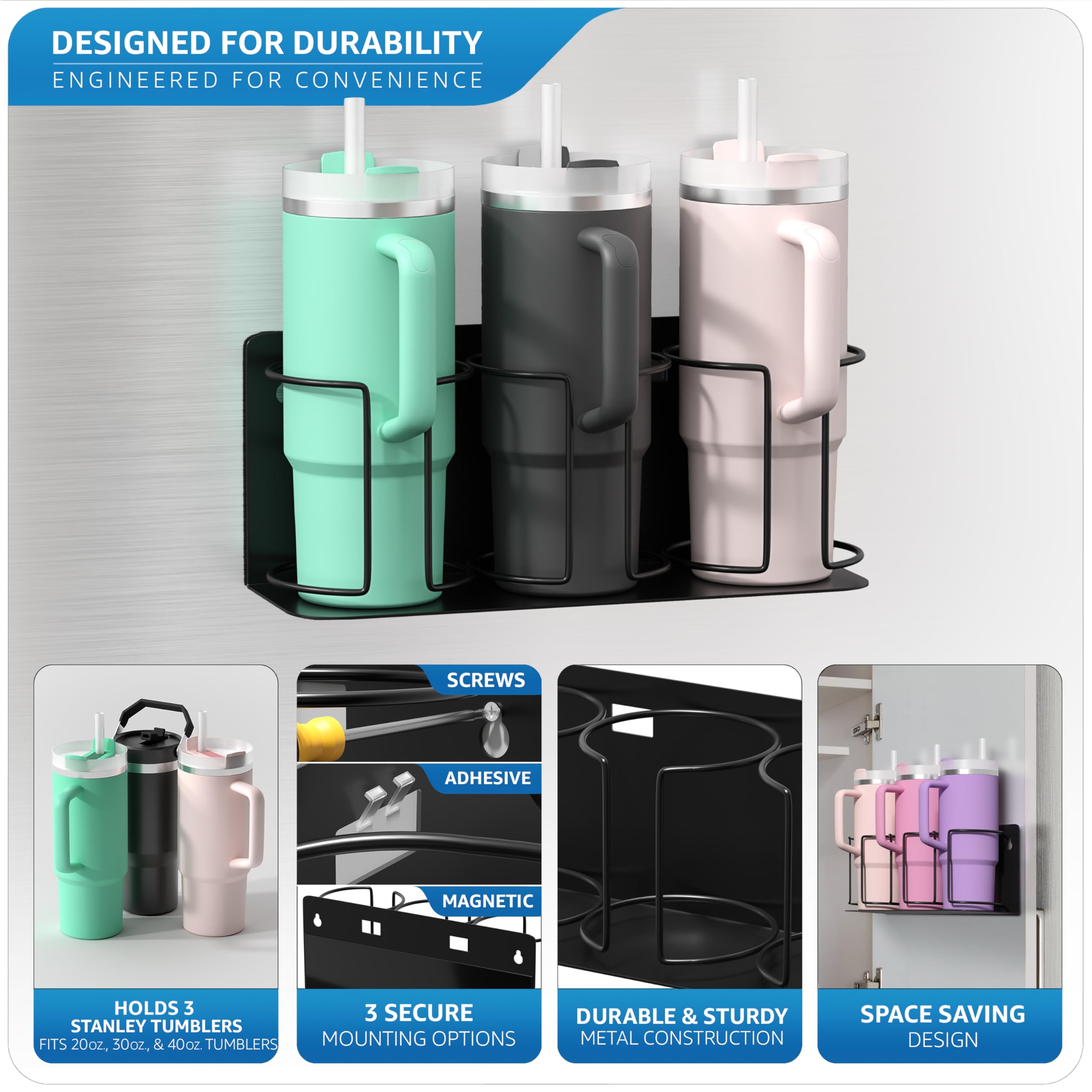 Sorbus Stanley Cup Organizer – 3-Cup Holder for Cabinet, Fridge, or Wall – Magnetic or Screw Mount – Stanley Storage Organizer for 20oz 30oz 40oz Cups, Tumblers, and Water Bottles (Black 1-Pack) - Image 4