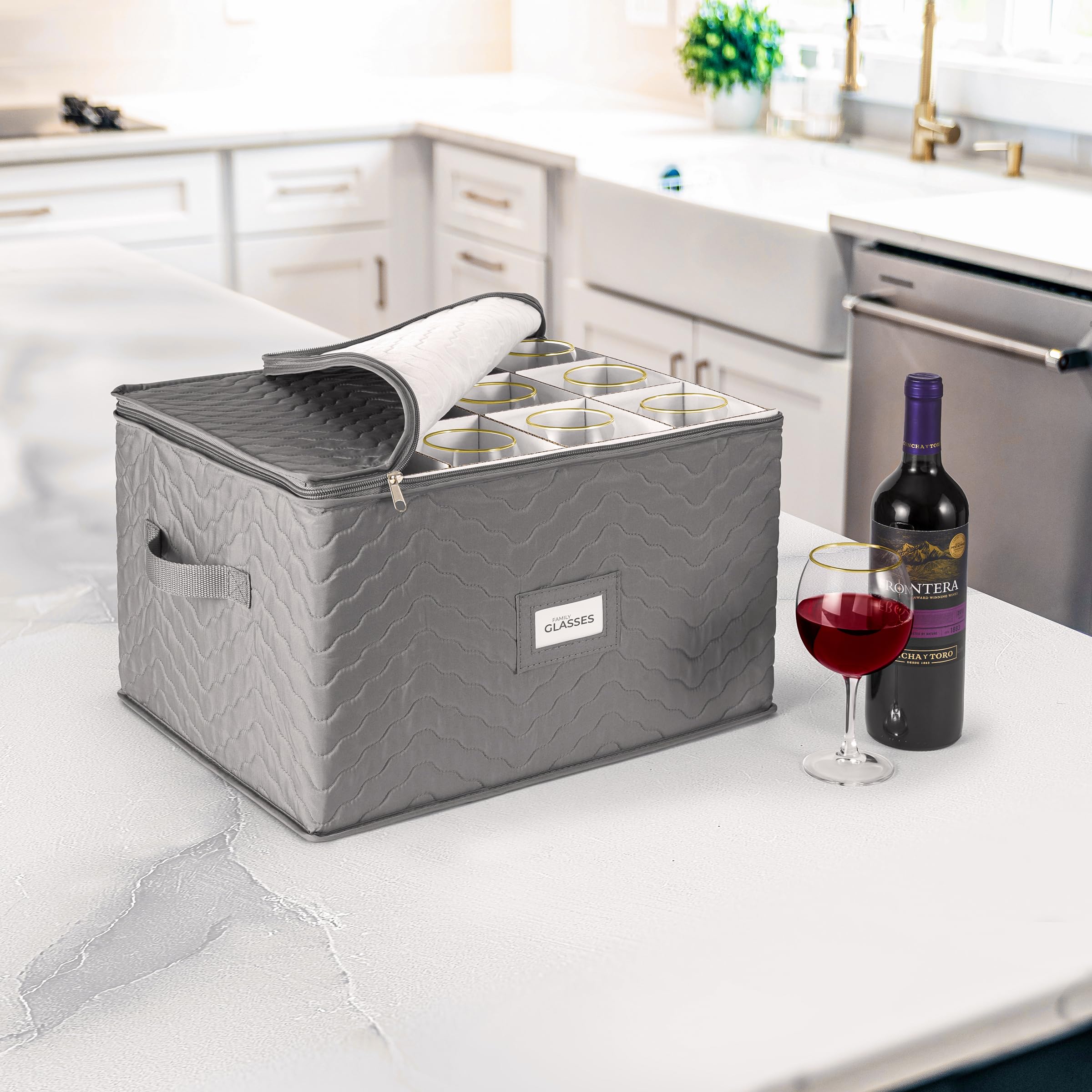 Sorbus Stemware Storage Cases (Quilted) Wine Glass Storage Box Case with Dividers and Handle - China Storage Containers Holds 12 Crystal Glassware, Red White Wine Glasses, Champagne Flutes, Goblets - Image 4