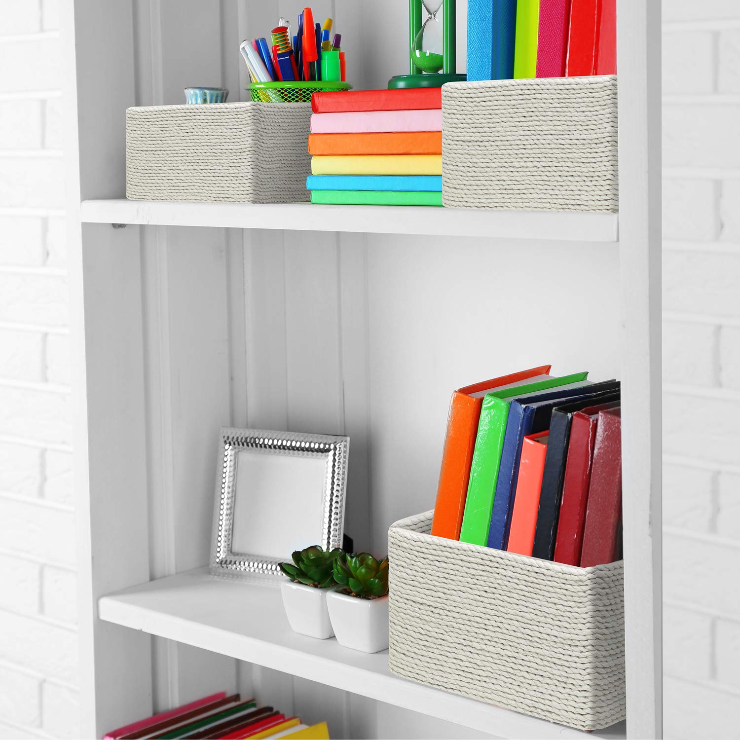 Sorbus Storage Baskets 4-Piece Set - Stackable Woven Basket Paper Rope Bin Boxes for Makeup, Office Supplies, Bedroom, Closet (Beige) - Image 3