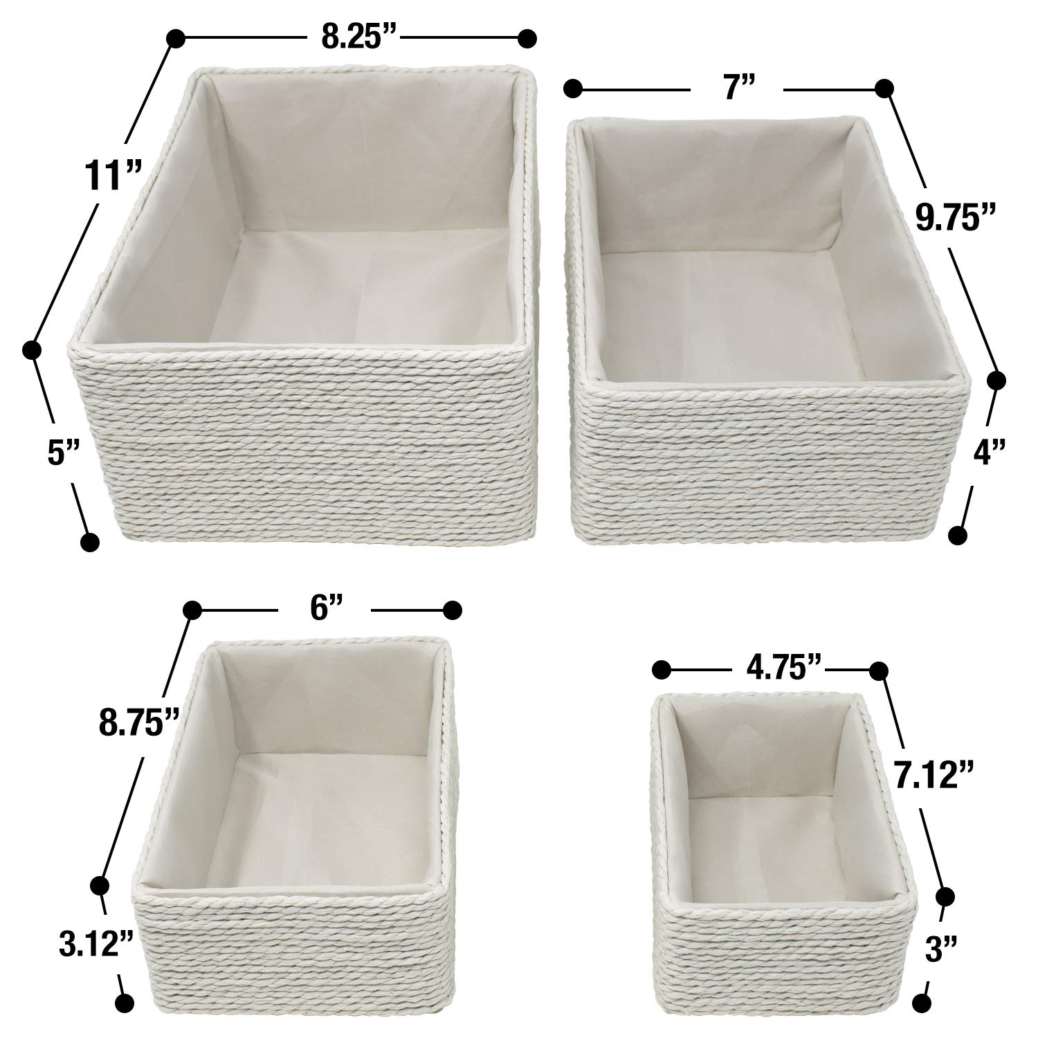 Sorbus Storage Baskets 4-Piece Set - Stackable Woven Basket Paper Rope Bin Boxes for Makeup, Office Supplies, Bedroom, Closet (Beige) - Image 5