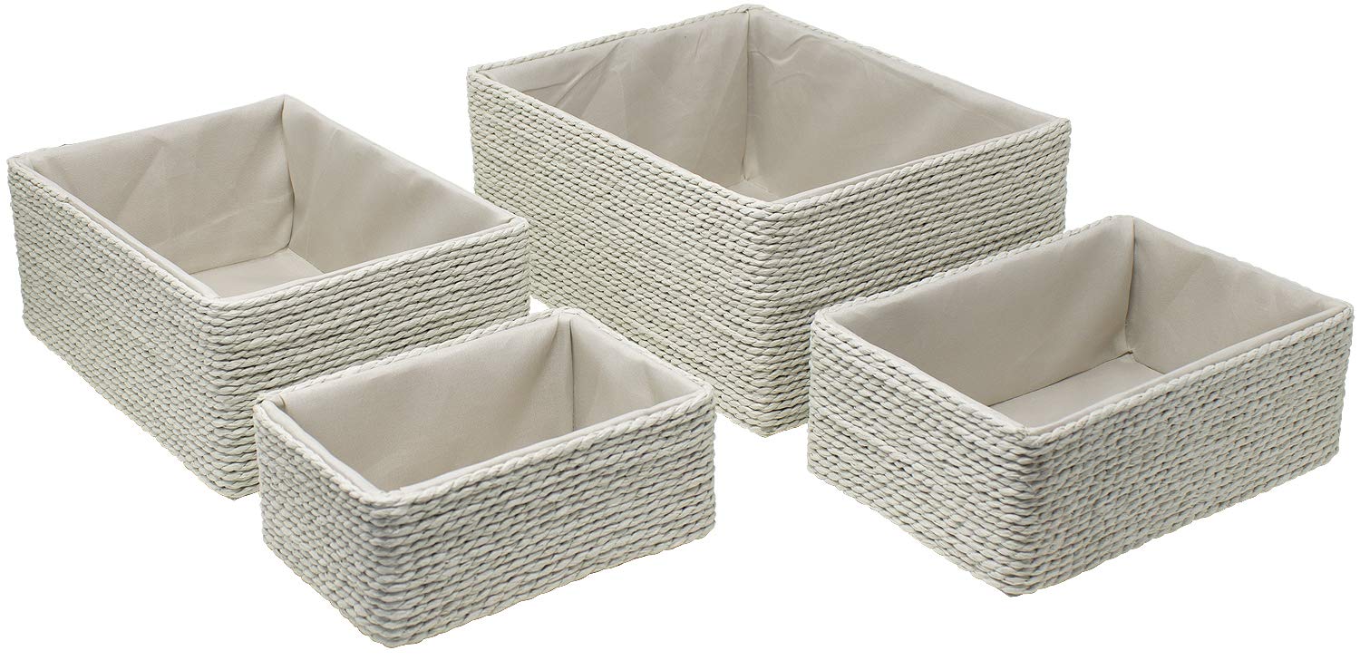 Sorbus Storage Baskets 4-Piece Set - Stackable Woven Basket Paper Rope Bin Boxes for Makeup, Office Supplies, Bedroom, Closet (Beige) - Image 7