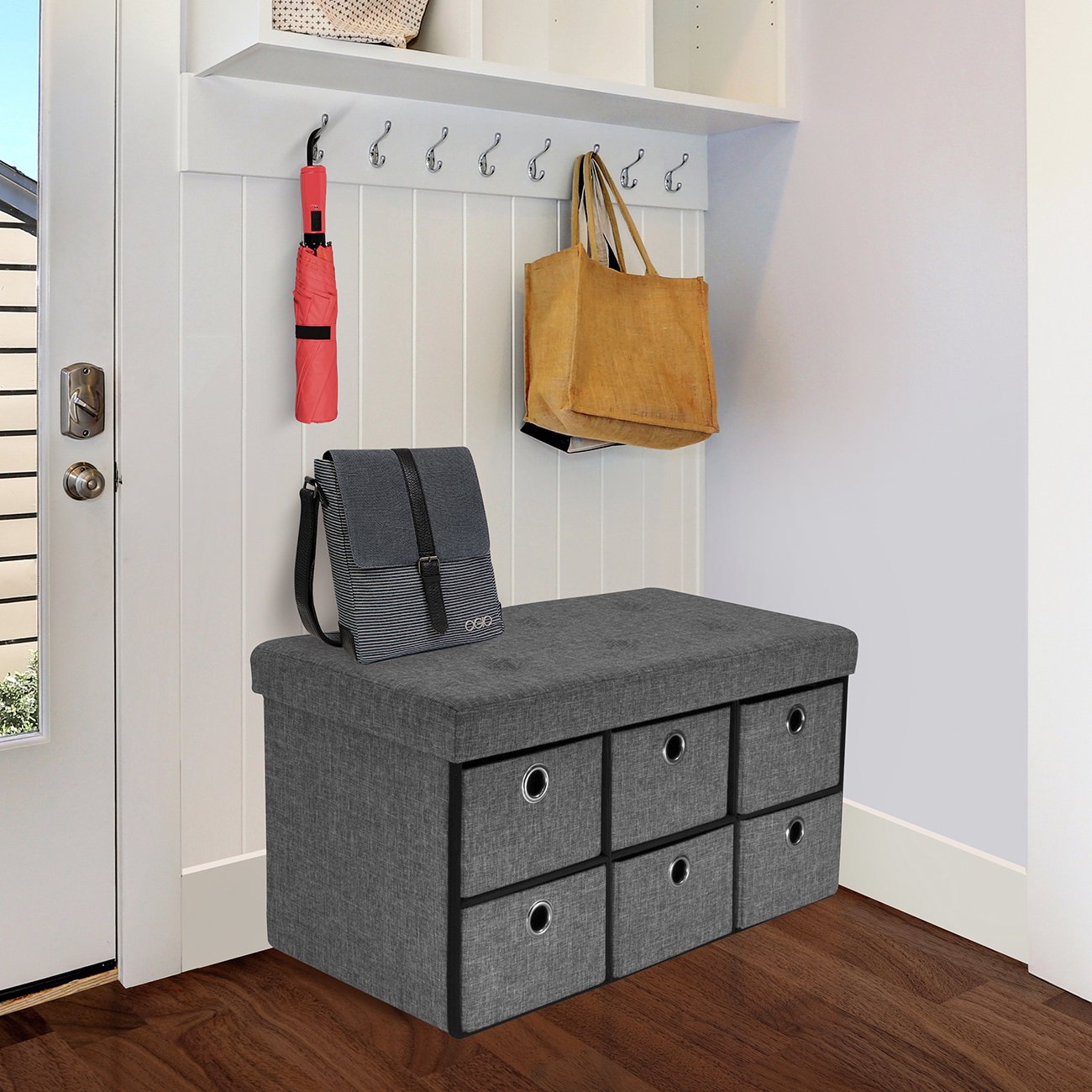 Sorbus Storage Bench Chest with Drawers – Collapsible Folding Bench Ottoman Includes Cover – Perfect for Entryway, Bedroom Bench, Cubby Drawer Footstool, Hope Chest, Faux Linen (Gray) - Image 3