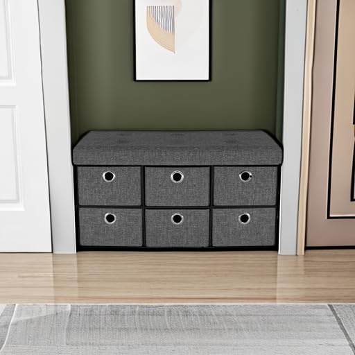 Sorbus Storage Bench Chest with Drawers – Collapsible Folding Bench Ottoman Includes Cover – Perfect for Entryway, Bedroom Bench, Cubby Drawer Footstool, Hope Chest, Faux Linen (Gray) - Image 5