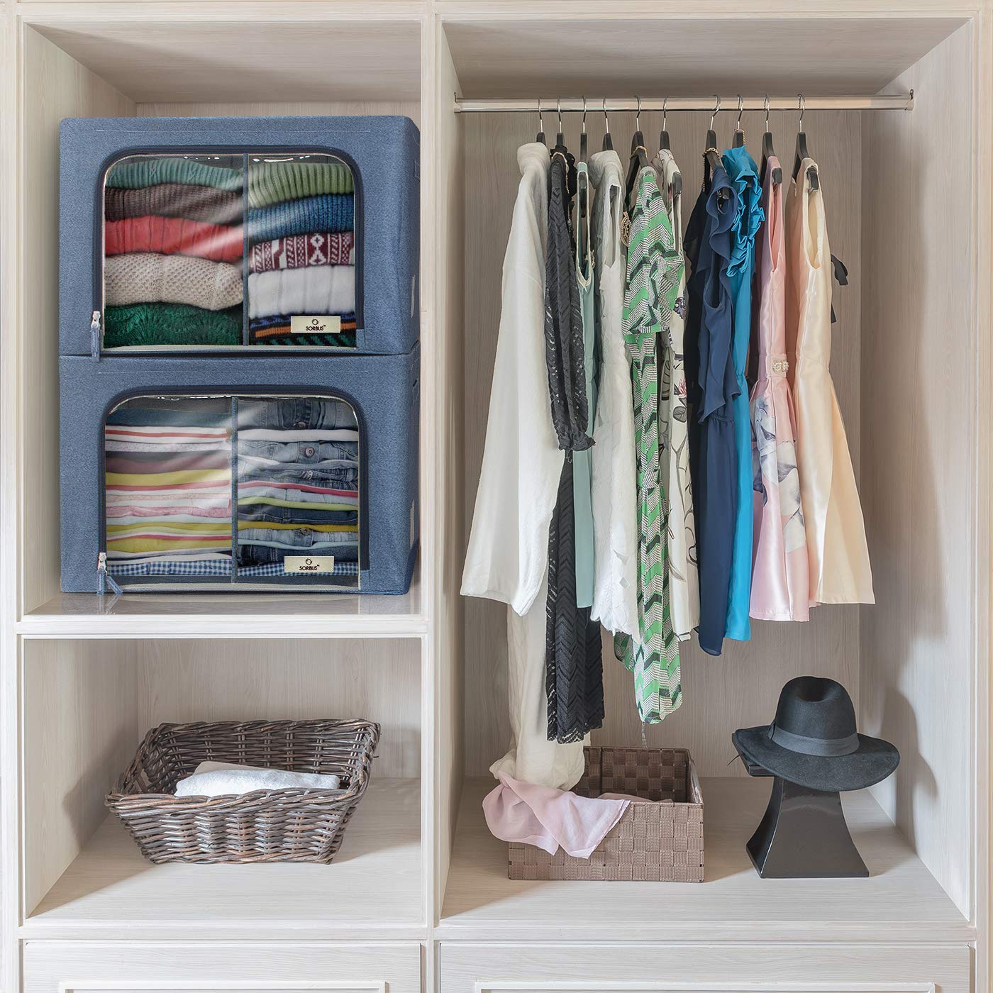 Sorbus Storage Bins with Divided Interior - Large Stackable & Foldable Organizer Containers with Metal Frame, Oxford Fabric, Large Window & Carry Handles - Organization for Bedroom, Linens & Clothes - Image 4