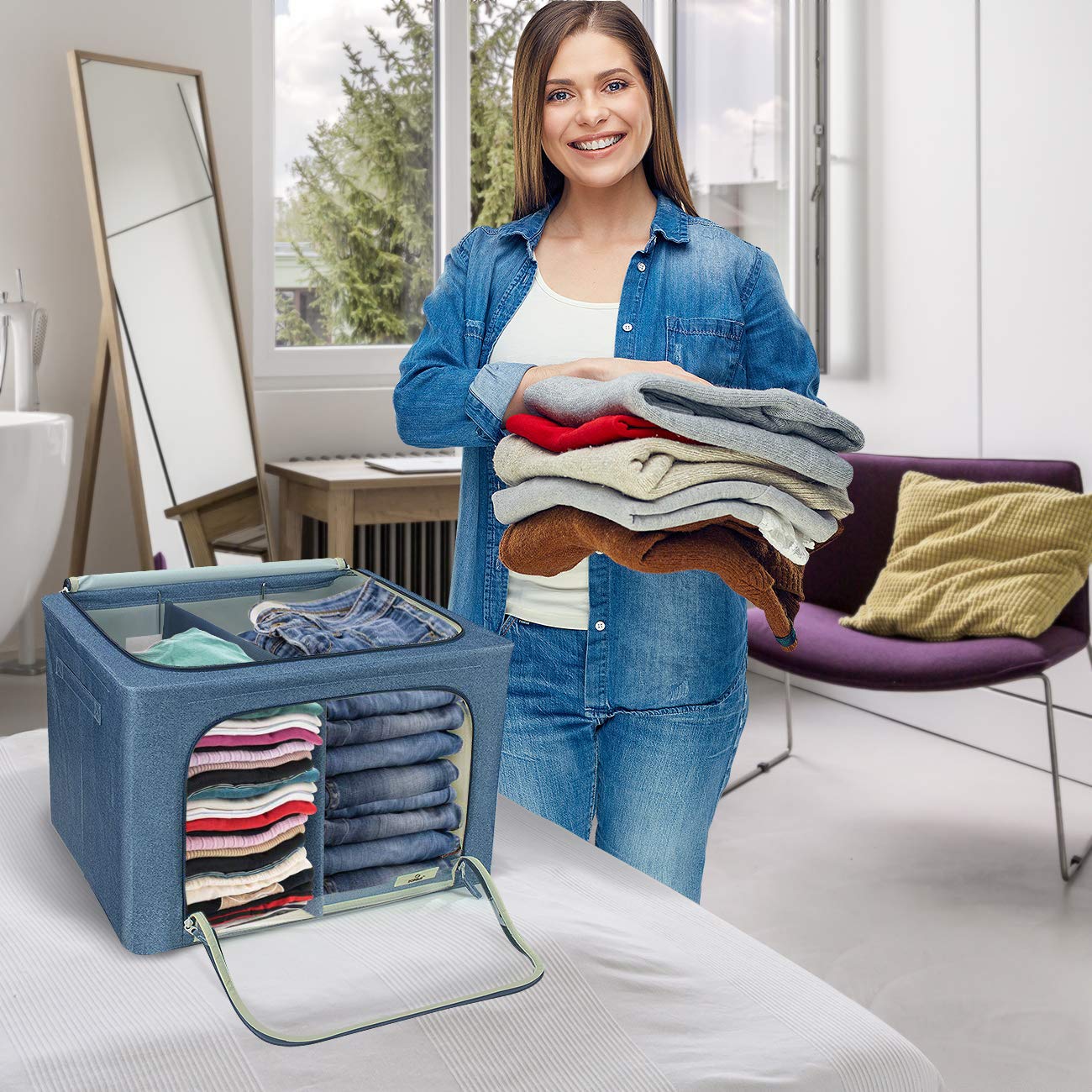 Sorbus Storage Bins with Divided Interior - Large Stackable & Foldable Organizer Containers with Metal Frame, Oxford Fabric, Large Window & Carry Handles - Organization for Bedroom, Linens & Clothes - Image 5