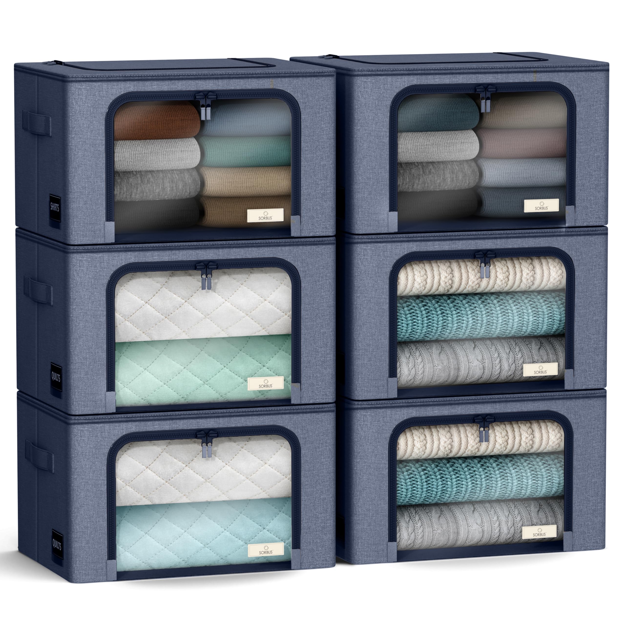 Sorbus Storage Bins with Metal Frame - Stackable & Foldable Clothes Organizer Bags - Oxford Fabric Storage Containers with Large Clear Window & Carry Handles Organization for Bedding Linen & Clothing