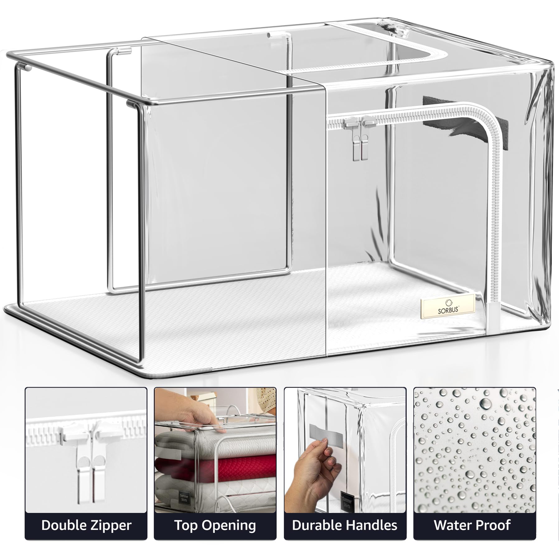Sorbus Storage Bins with Metal Frame - Stackable & Foldable Clothes Organizer Bags - Clear Soft Plastic Storage Containers (4 Pack, Medium) - Image 6