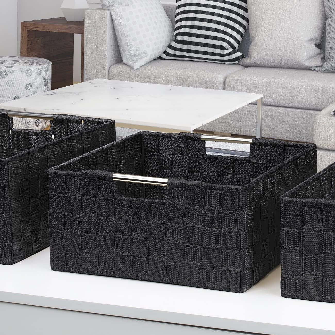 Sorbus Storage Box Woven Basket Bin Container Tote Cube Organizer Set Stackable Storage Basket Woven Strap Shelf Organizer Built-In Carry Handles (Black) - Image 5