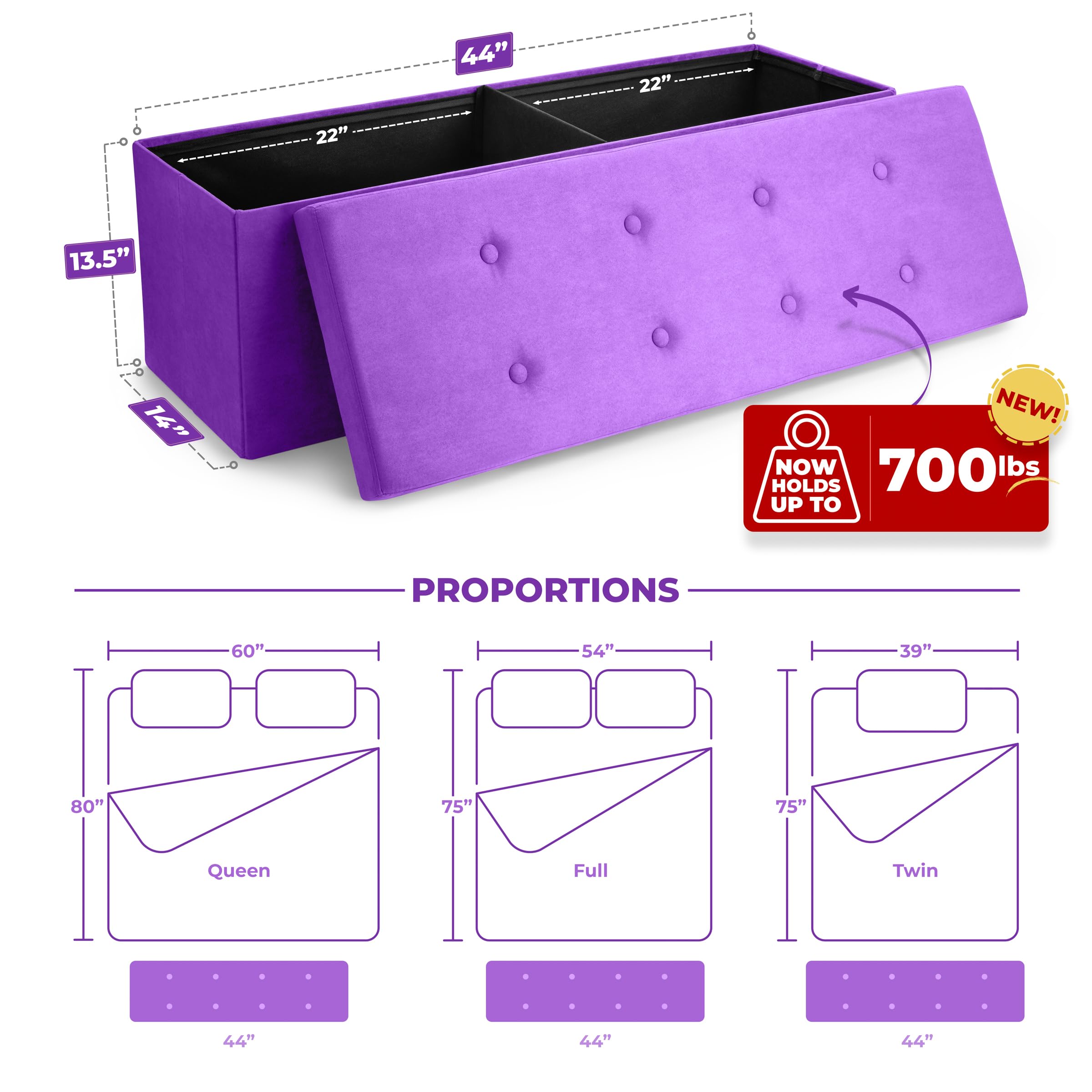 Sorbus Storage Ottoman Bench – 43 in Purple Toy Box for Living Room, Hallway, End of Bed, Bedroom Bench Large Folding Chest Seat Trunk Blankets, Coffee Table, Foot Rest– Tufted Velvet Linen Fabric - Image 3