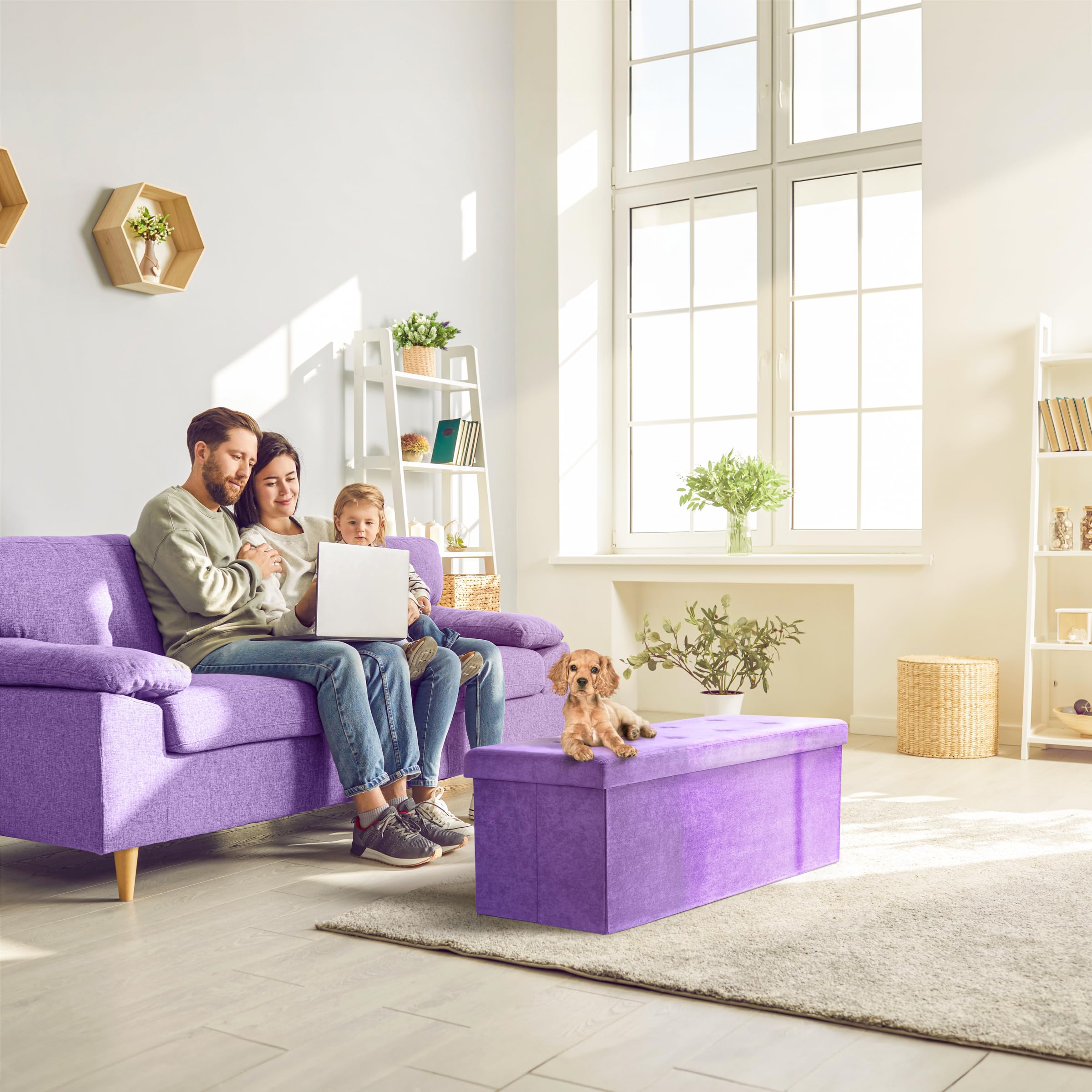 Sorbus Storage Ottoman Bench – 43 in Purple Toy Box for Living Room, Hallway, End of Bed, Bedroom Bench Large Folding Chest Seat Trunk Blankets, Coffee Table, Foot Rest– Tufted Velvet Linen Fabric - Image 4