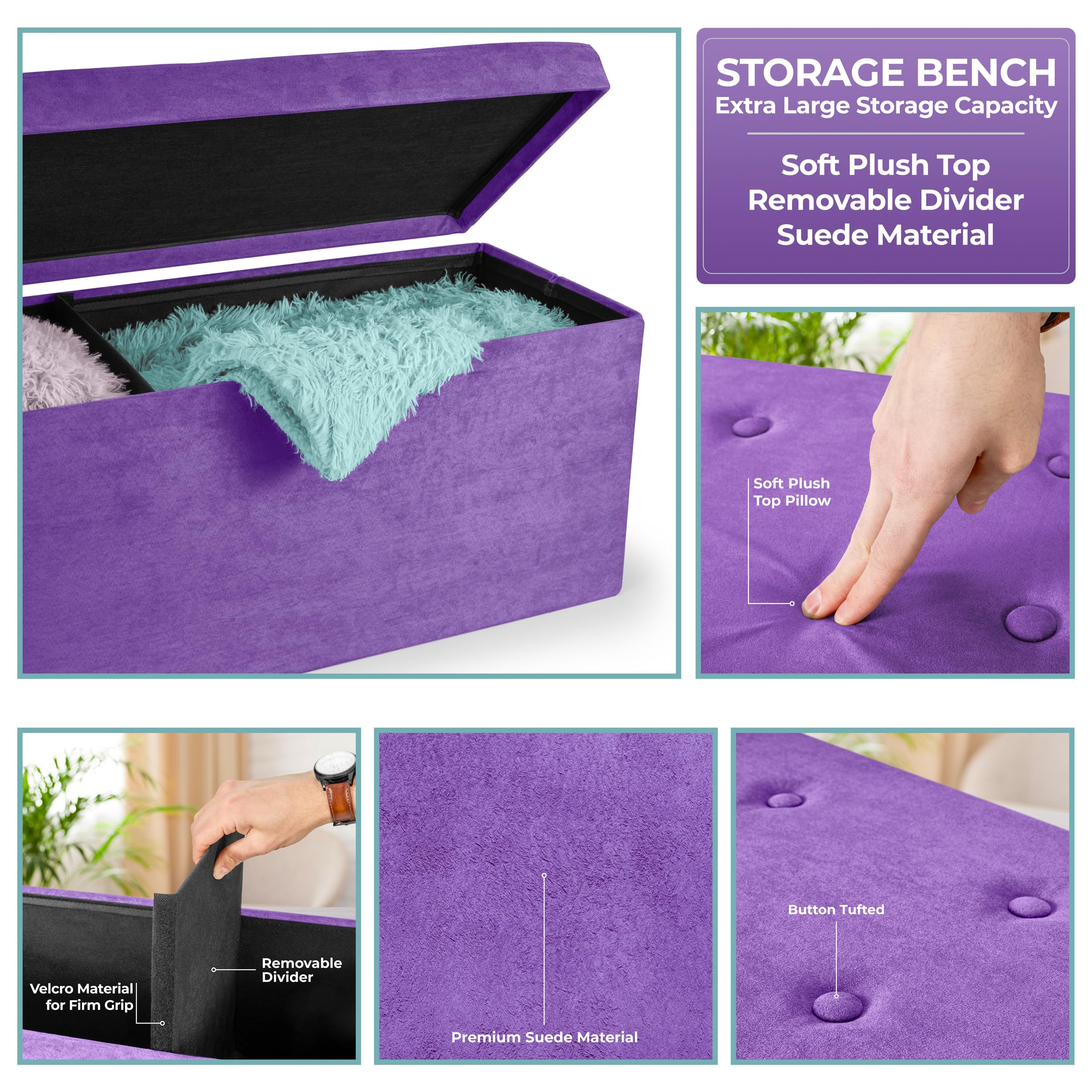 Sorbus Storage Ottoman Bench – 43 in Purple Toy Box for Living Room, Hallway, End of Bed, Bedroom Bench Large Folding Chest Seat Trunk Blankets, Coffee Table, Foot Rest– Tufted Velvet Linen Fabric - Image 6