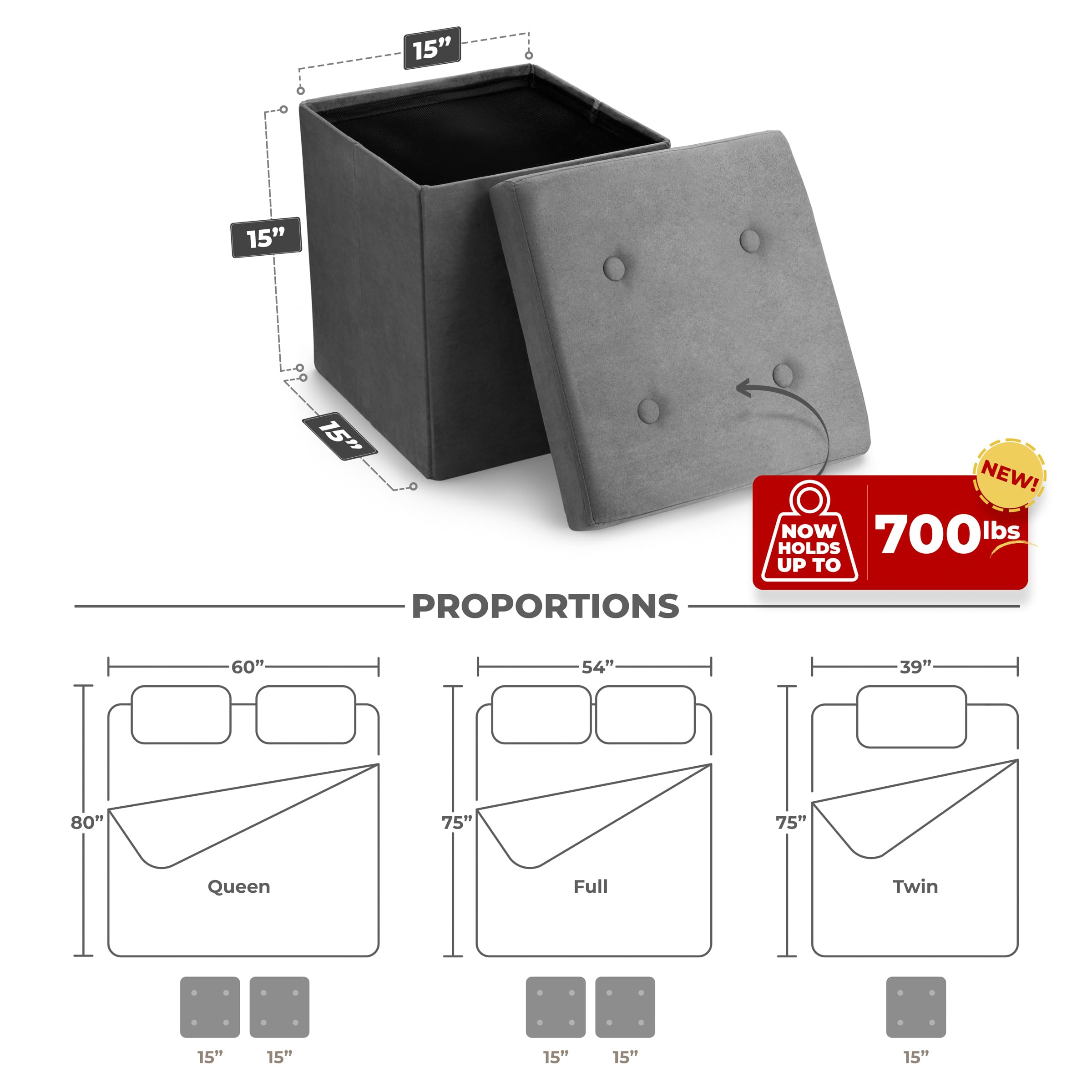 Sorbus Storage Ottoman Bench – Collapsible/Folding Bench Chest with Cover – Perfect Shoe Chest, Hope Chest, Pouffe Ottoman, Seat, Foot Rest, – Contemporary Faux Suede (Gray) - Image 3