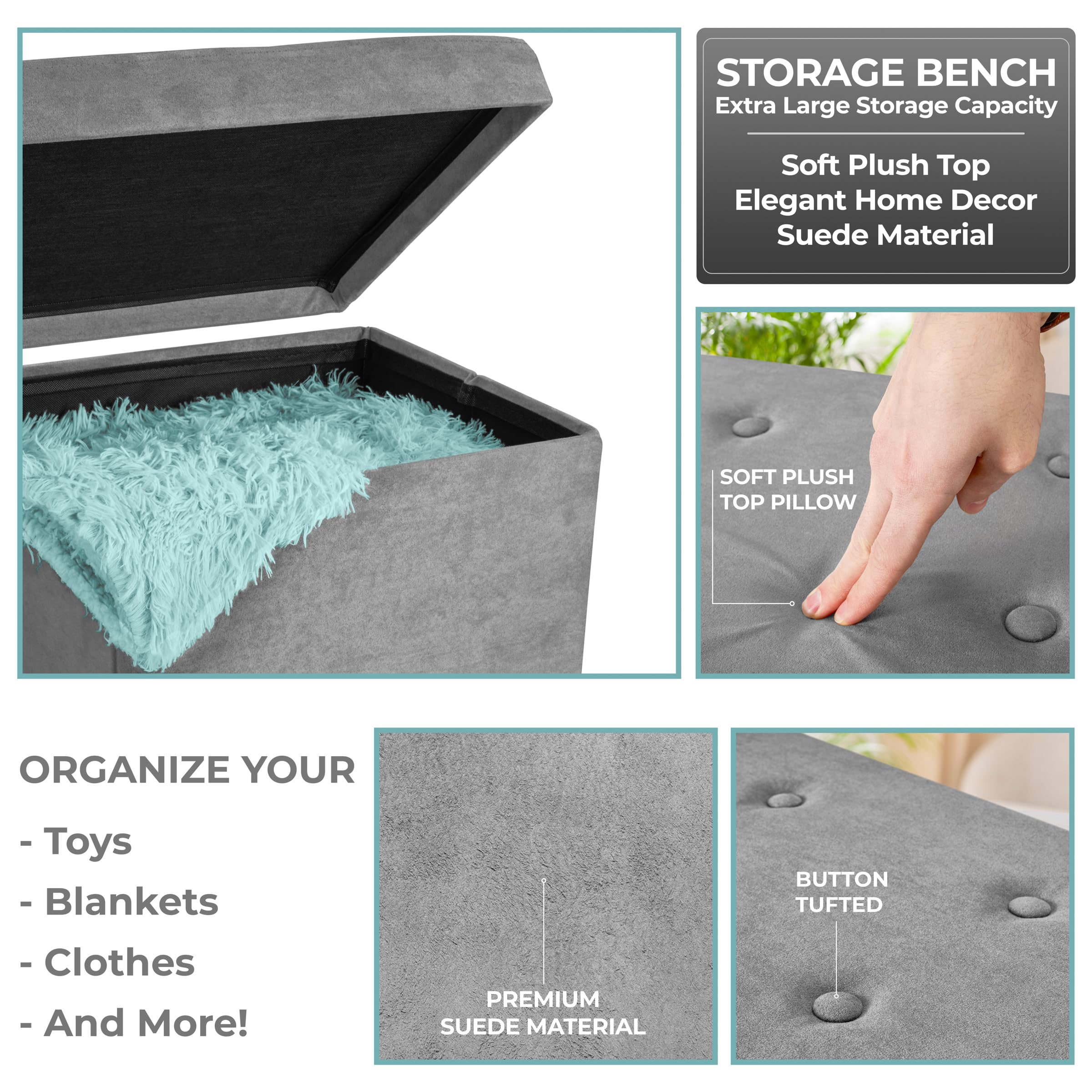 Sorbus Storage Ottoman Bench – Collapsible/Folding Bench Chest with Cover – Perfect Shoe Chest, Hope Chest, Pouffe Ottoman, Seat, Foot Rest, – Contemporary Faux Suede (Gray) - Image 6
