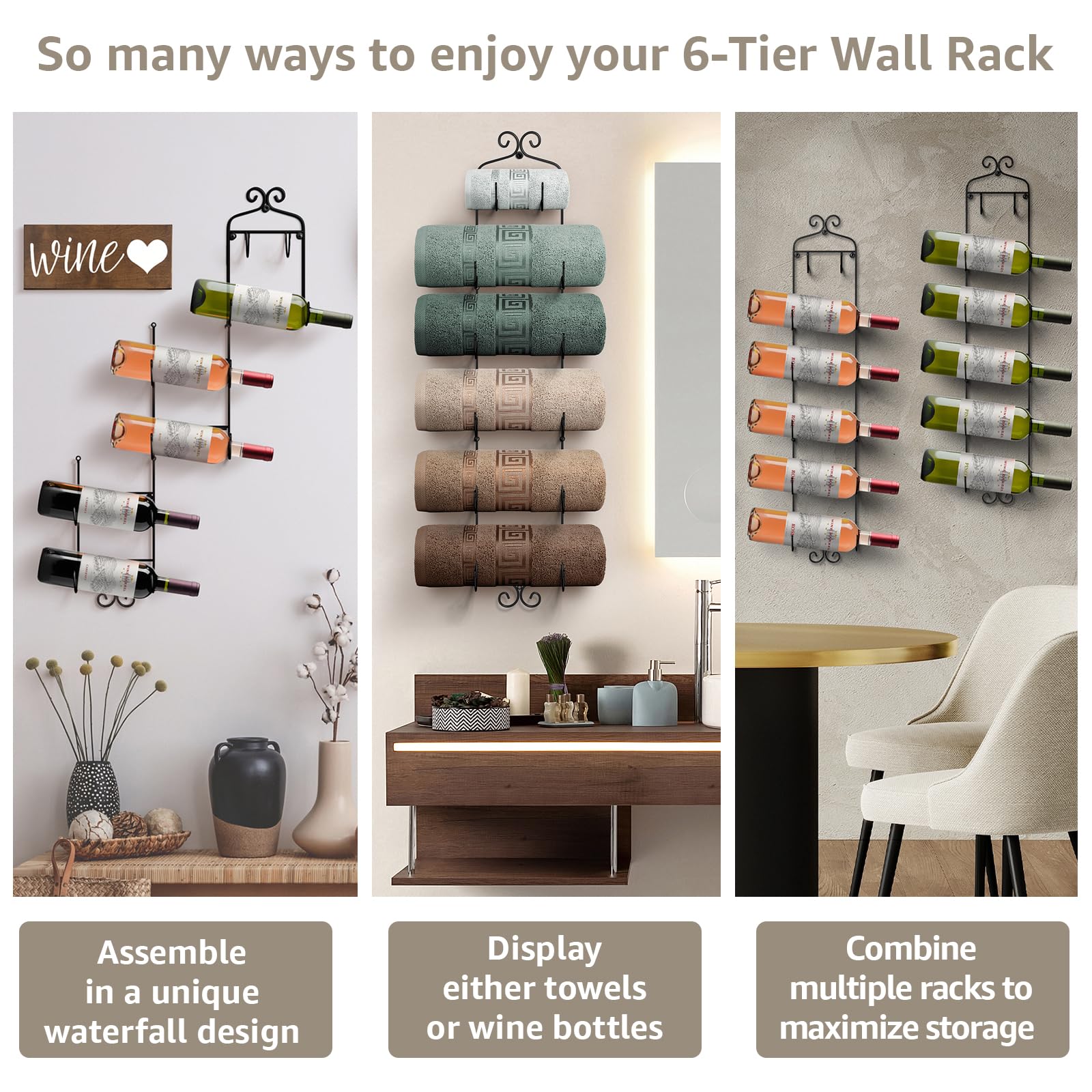 Sorbus Towel Rack Wall Mounted – Metal Towel Holder for Bathroom Wall, Washcloth, Rolled Bath Towels, Spa, Gym, Camper Rv, Shelf Cabinet - 6 Level Wine Rack Wall Mounted for Kitchen Bar, Wine Cellar - Image 6